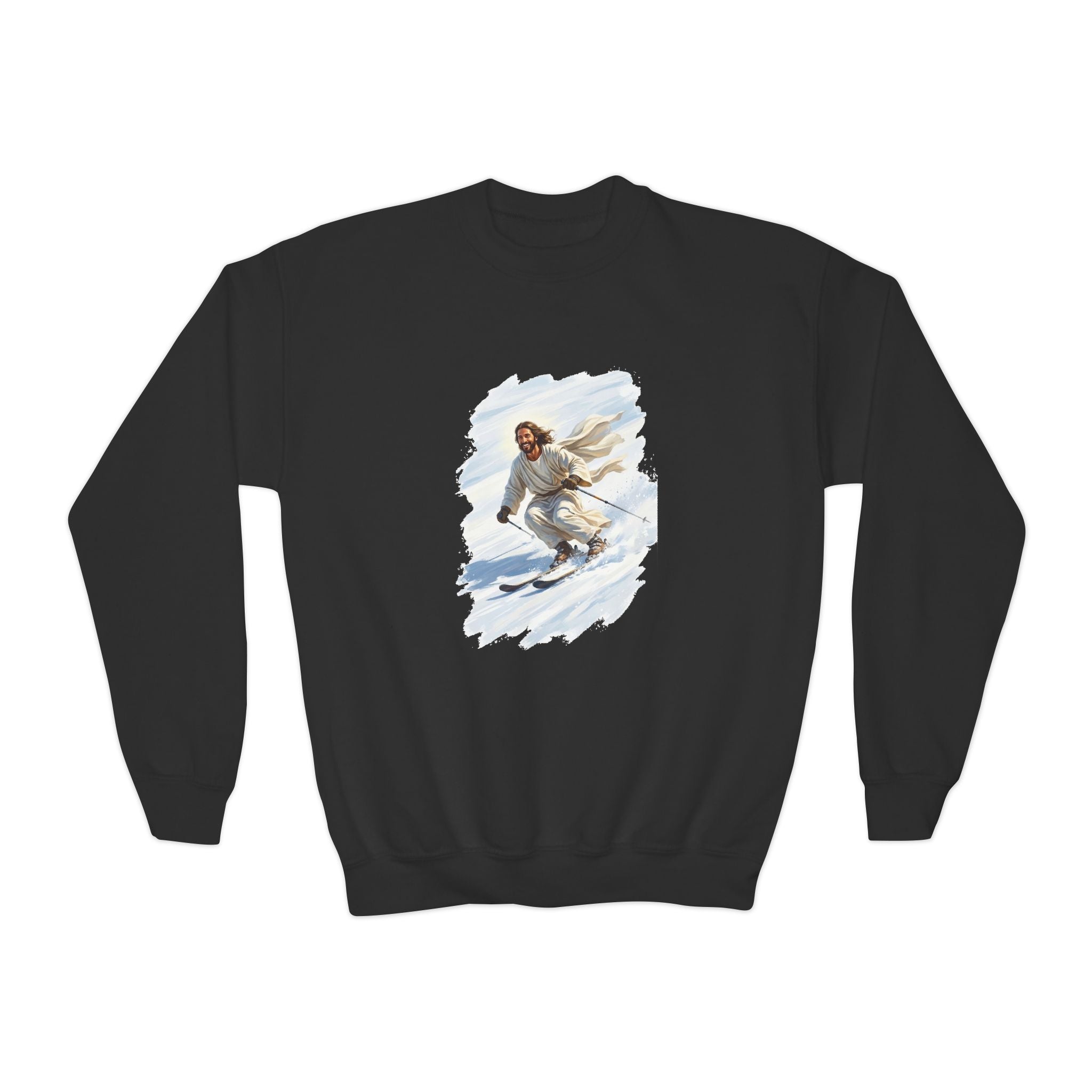 Kids Jesus Sweatshirt | Skiing Jesus Christian Apparel Kids Crewneck Sweatshirt | Joyful Jesus Faith Sweatshirt