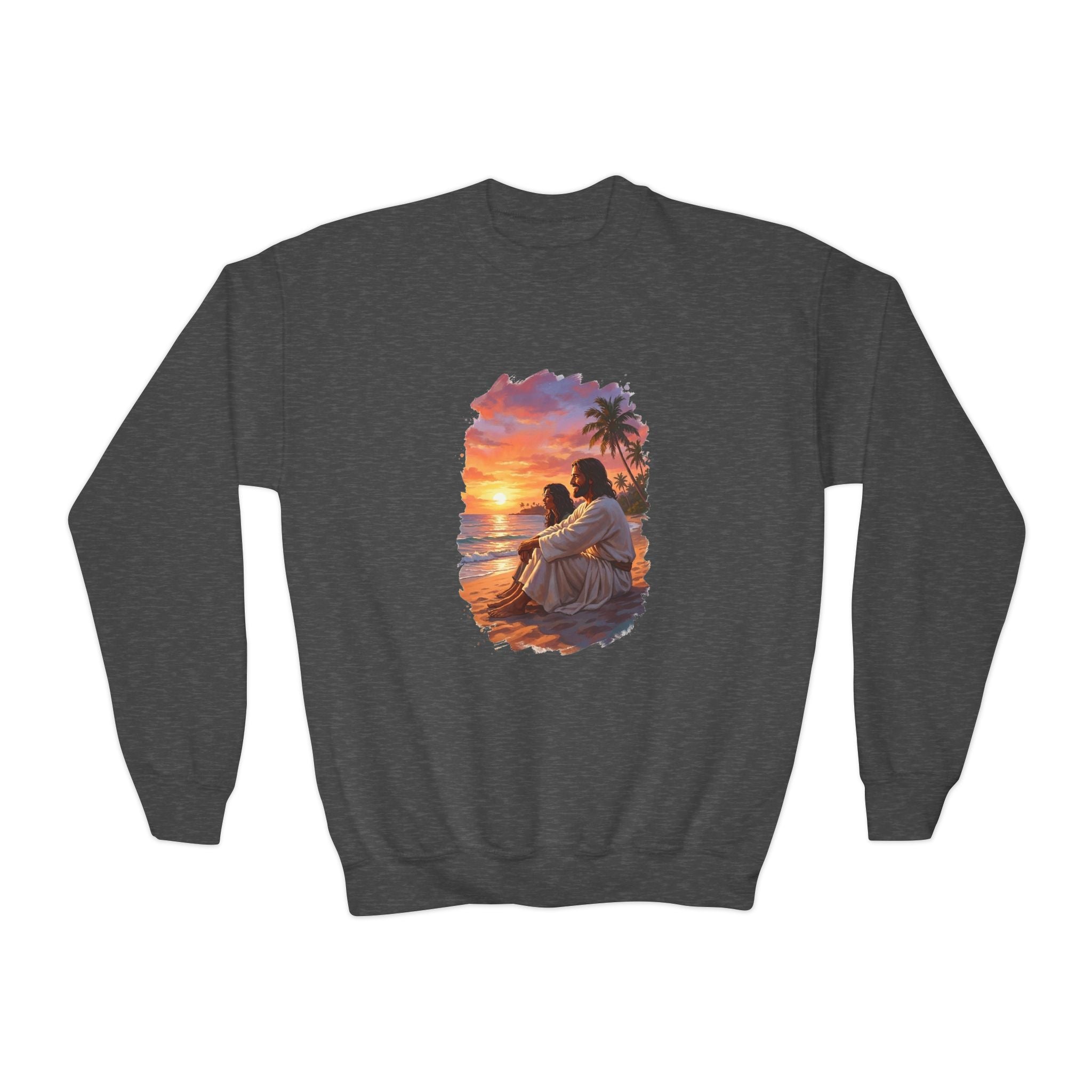 Kids Religious Sweatshirt | Jesus on the Beach at Sunset Christian Kids Crewneck Sweatshirt | Joyful Jesus