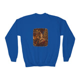 Kids Christmas Eve Jesus Sweatshirt | Jesus by the Fire with Sleeping Children Christian Kids Crewneck Sweatshirt | Joyful Jesus