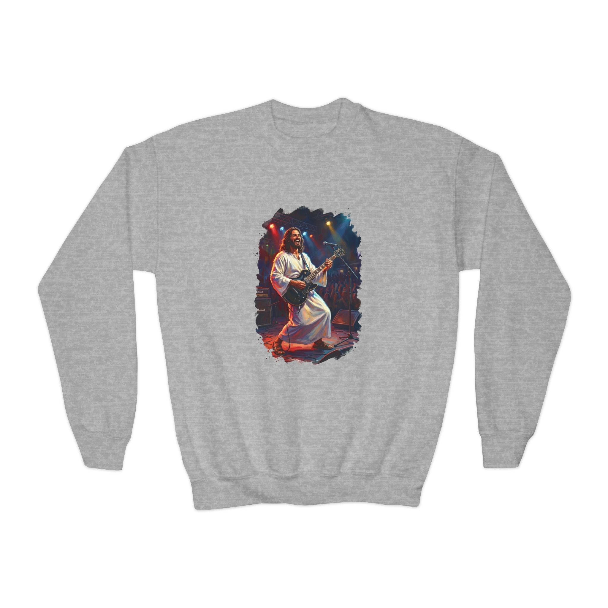 Kids Christian Sweatshirt | Jesus Playing Guitar at Concert Kids Crewneck Sweatshirt | Joyful Jesus Faith Sweatshirt
