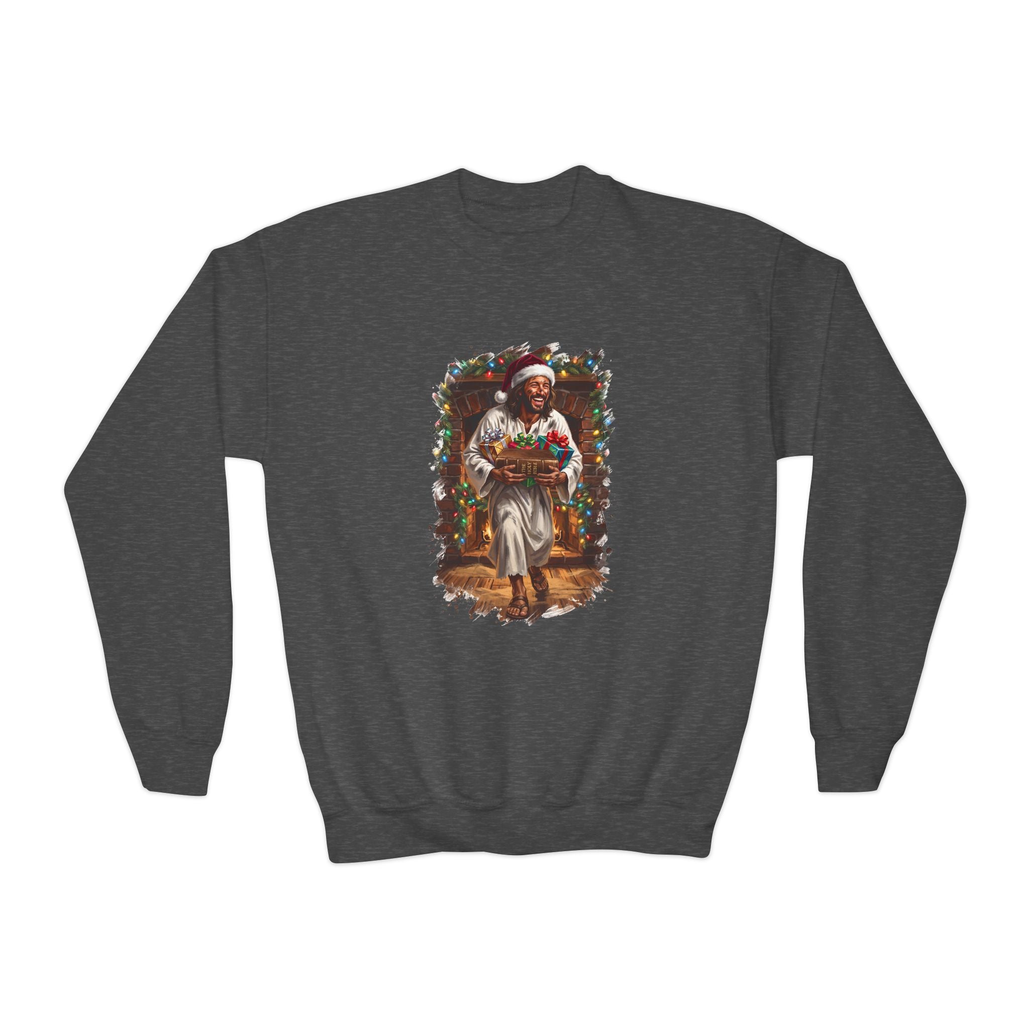Kids Jesus Santa Hat Sweatshirt | Jesus Down the Chimney with Gifts Funny Christmas Kids Crewneck Sweatshirt | Joyful Jesus