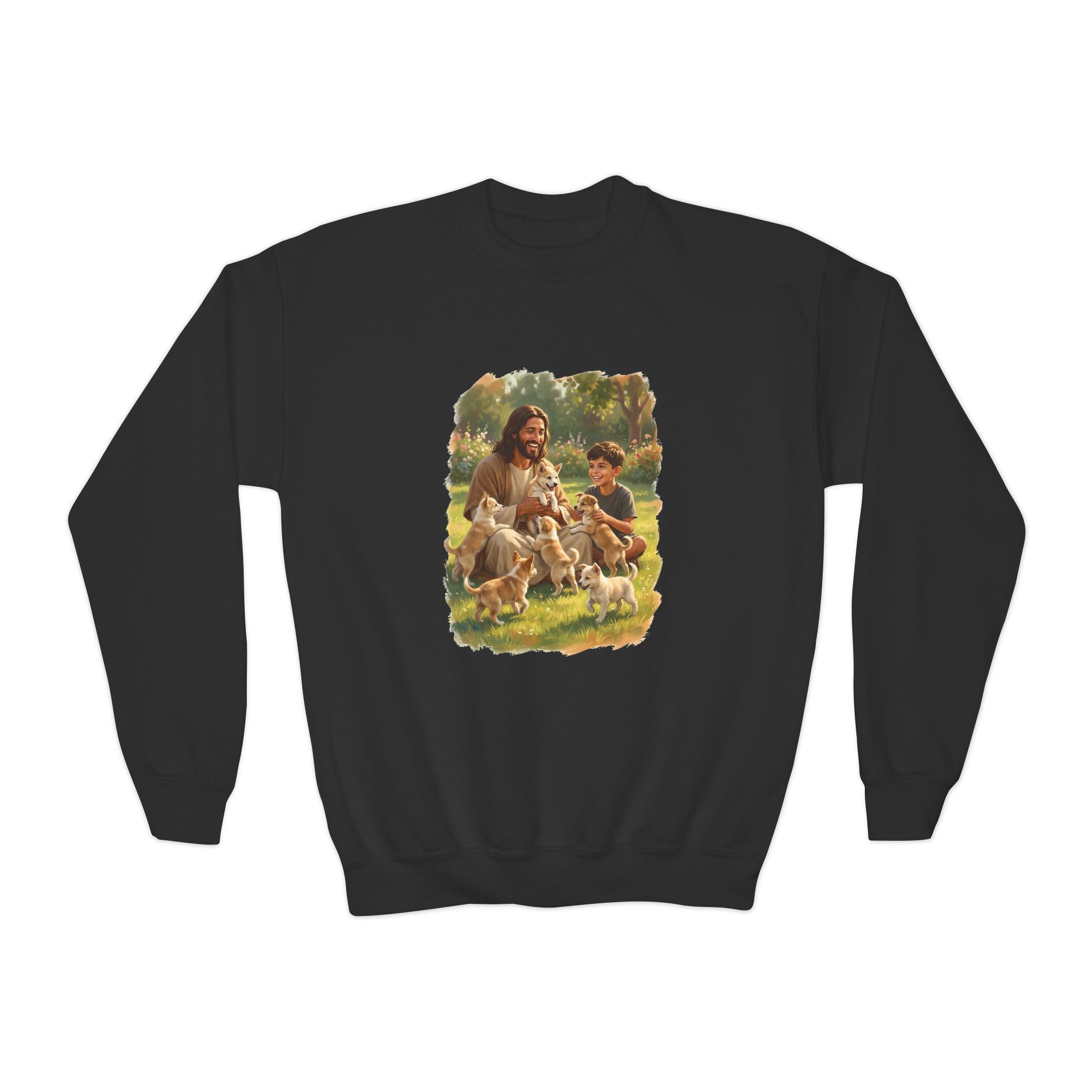 Kids Funny Jesus Sweatshirt | Jesus Playing with Puppies Christian Kids Crewneck Sweatshirt | Joyful Jesus
