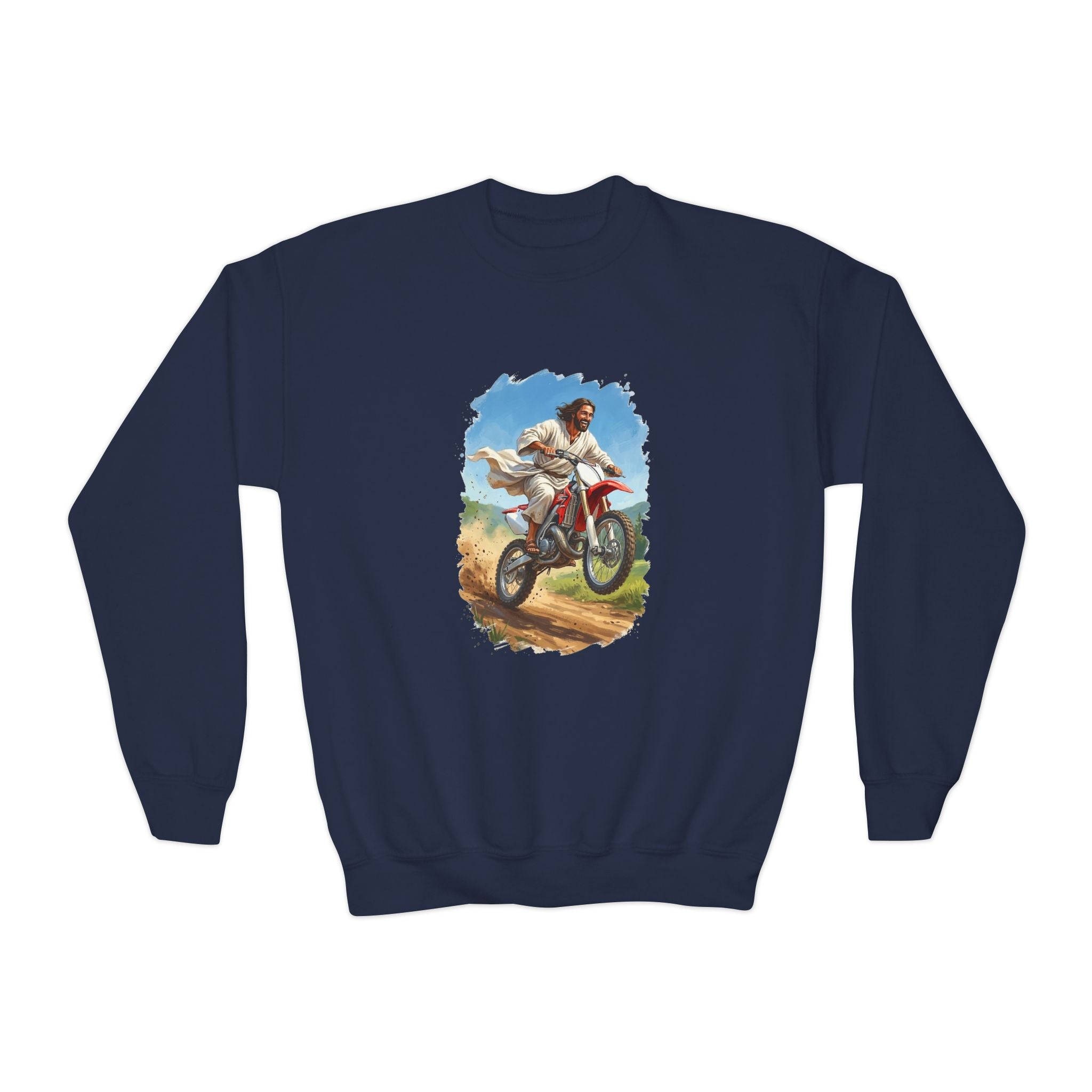 Kids Funny Jesus Sweatshirt | Jesus on a Dirtbike Christian Kids Crewneck Sweatshirt | Joyful Jesus