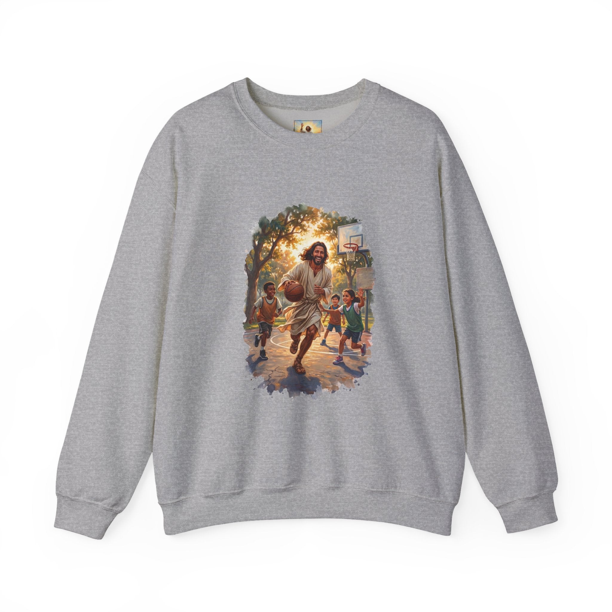 Jesus Basketball Sweatshirt | Jesus Playing Basketball with Kids Christian Crewneck Sweatshirt | Joyful Jesus