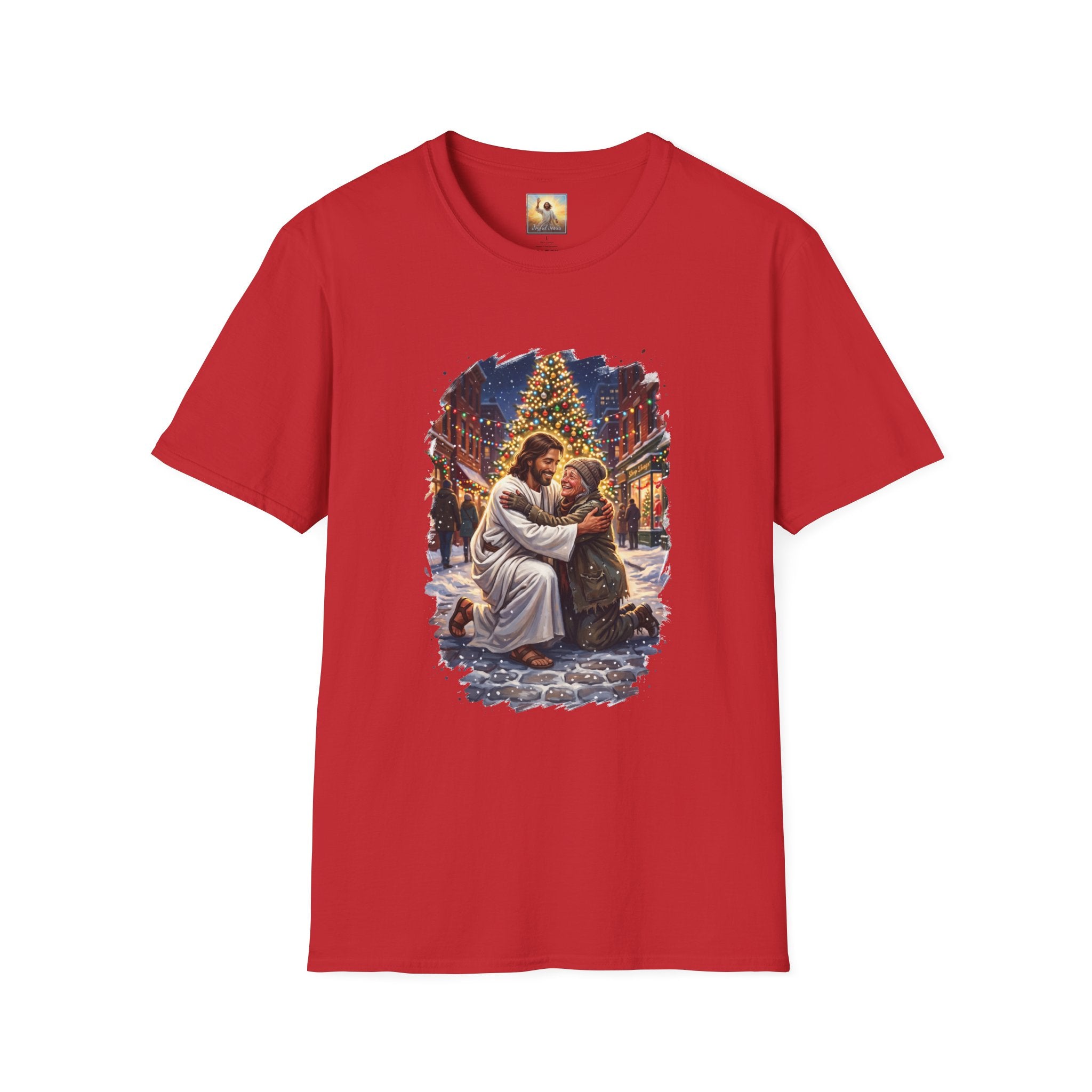 Jesus Hug Shirt | Jesus Embracing a Stranger on Christmas Night Christian Tee | Joyful Jesus