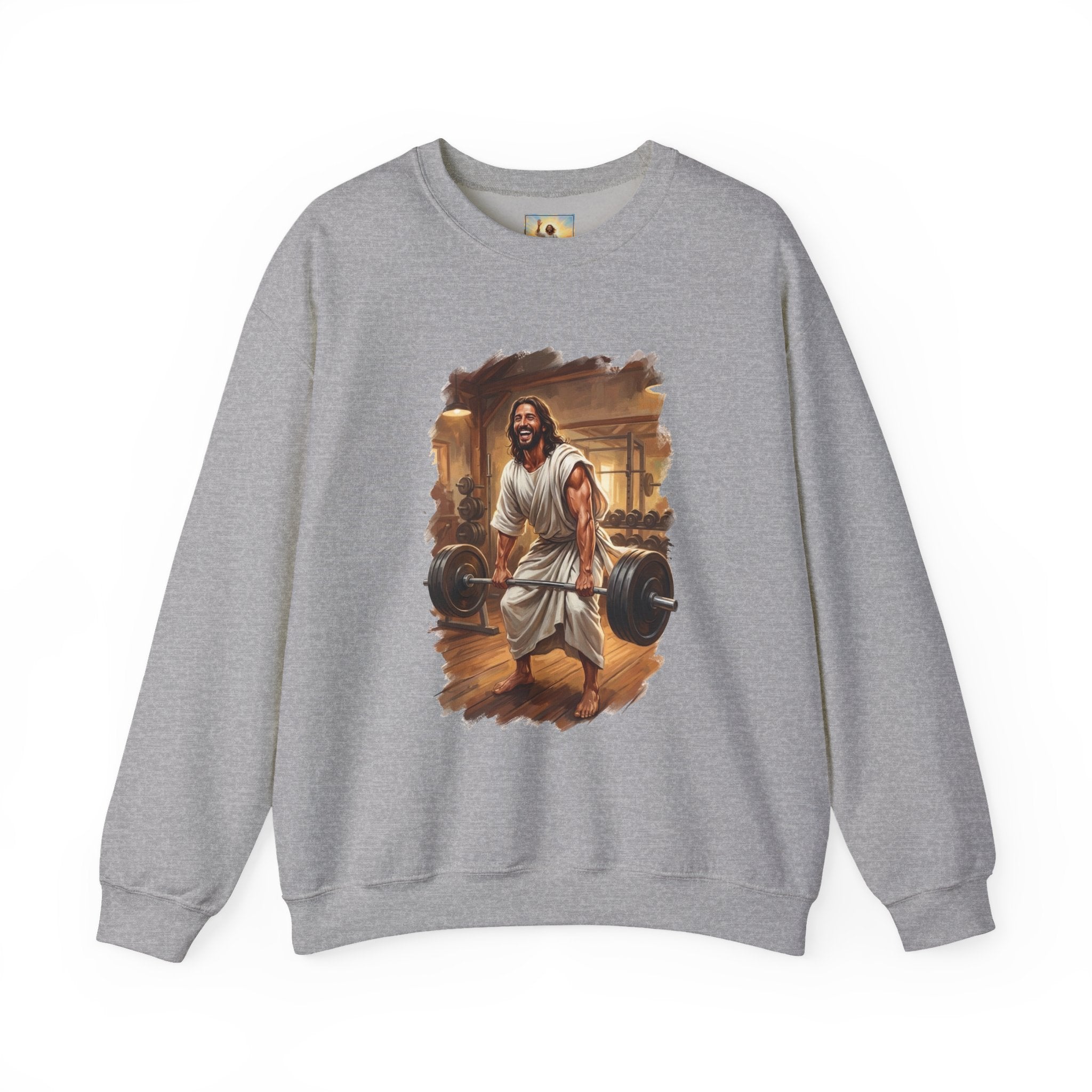 Funny Jesus Sweatshirt | Jesus Lifting Weights Christian Crewneck Sweatshirt | Faith Apparel