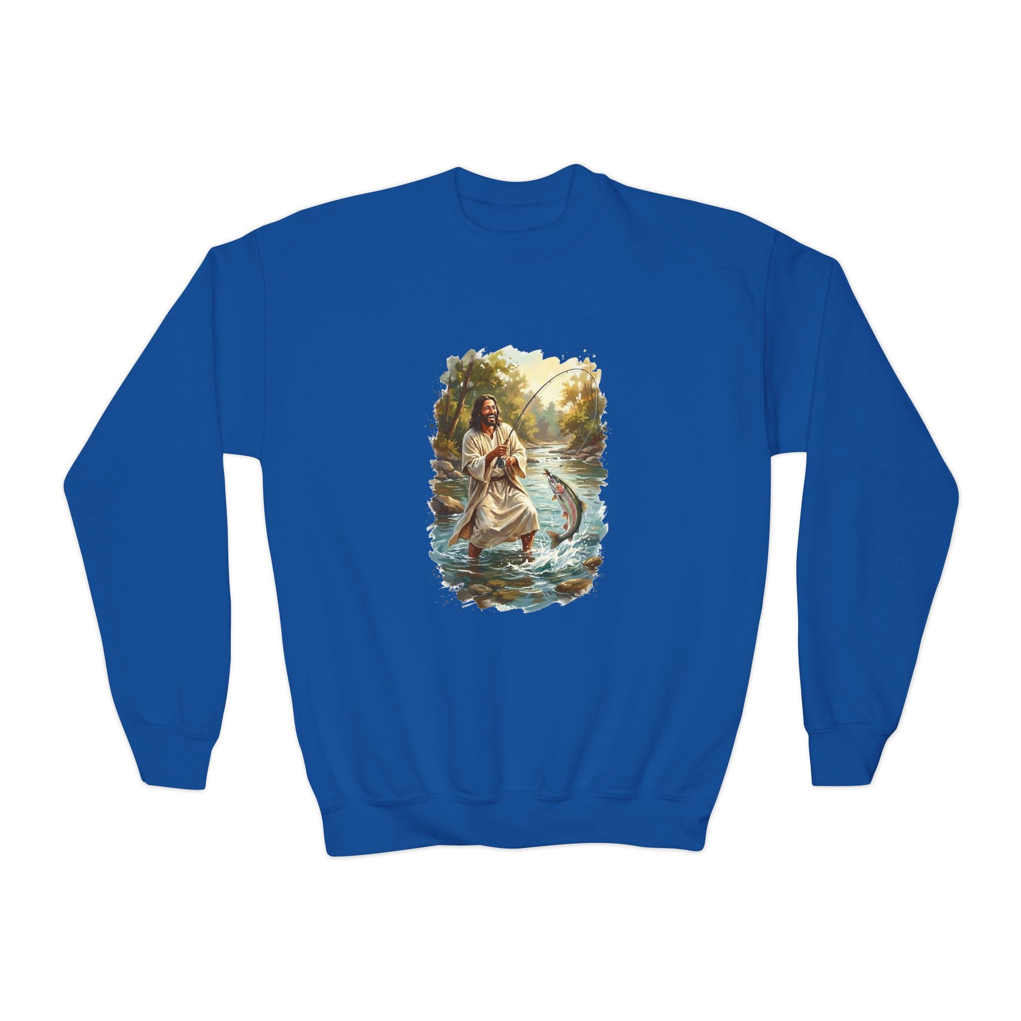 Kids Jesus Sweatshirt | Fly Fishing Jesus Christian Kids Crewneck Sweatshirt | Joyful Jesus God Sweatshirt