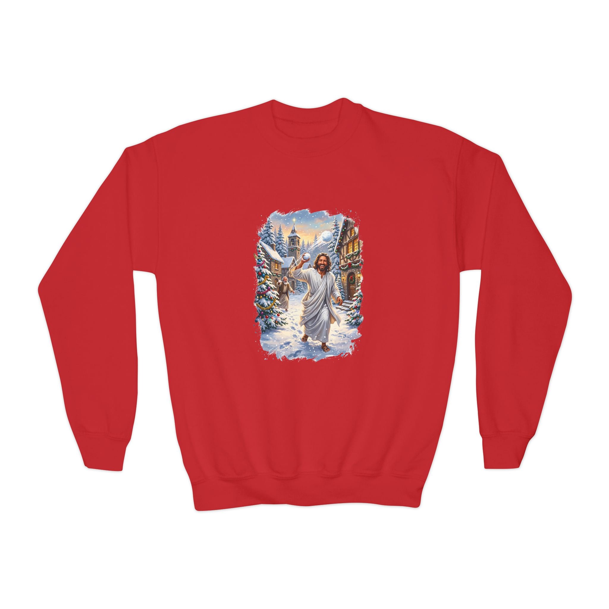 Kids Jesus Snowball Fight Sweatshirt | Funny Christian Christmas Kids Crewneck Sweatshirt | Joyful Jesus