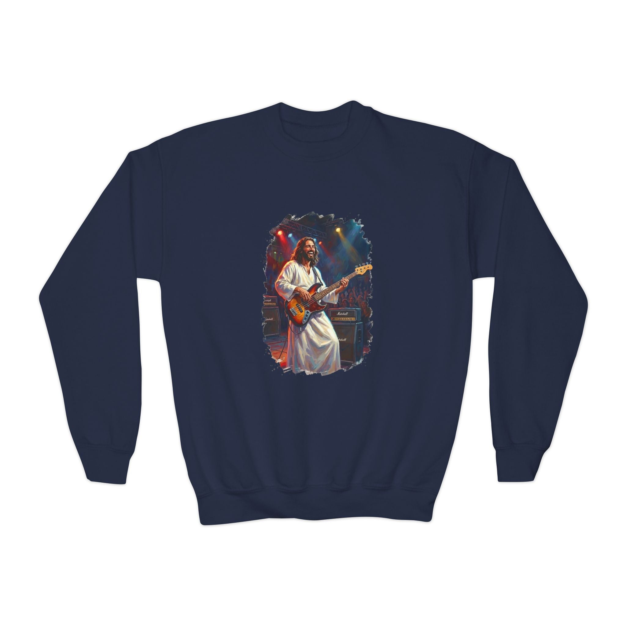 Kids Christian Sweatshirt | Jesus Playing Bass at Concert Kids Crewneck Sweatshirt | Joyful Jesus God Sweatshirt