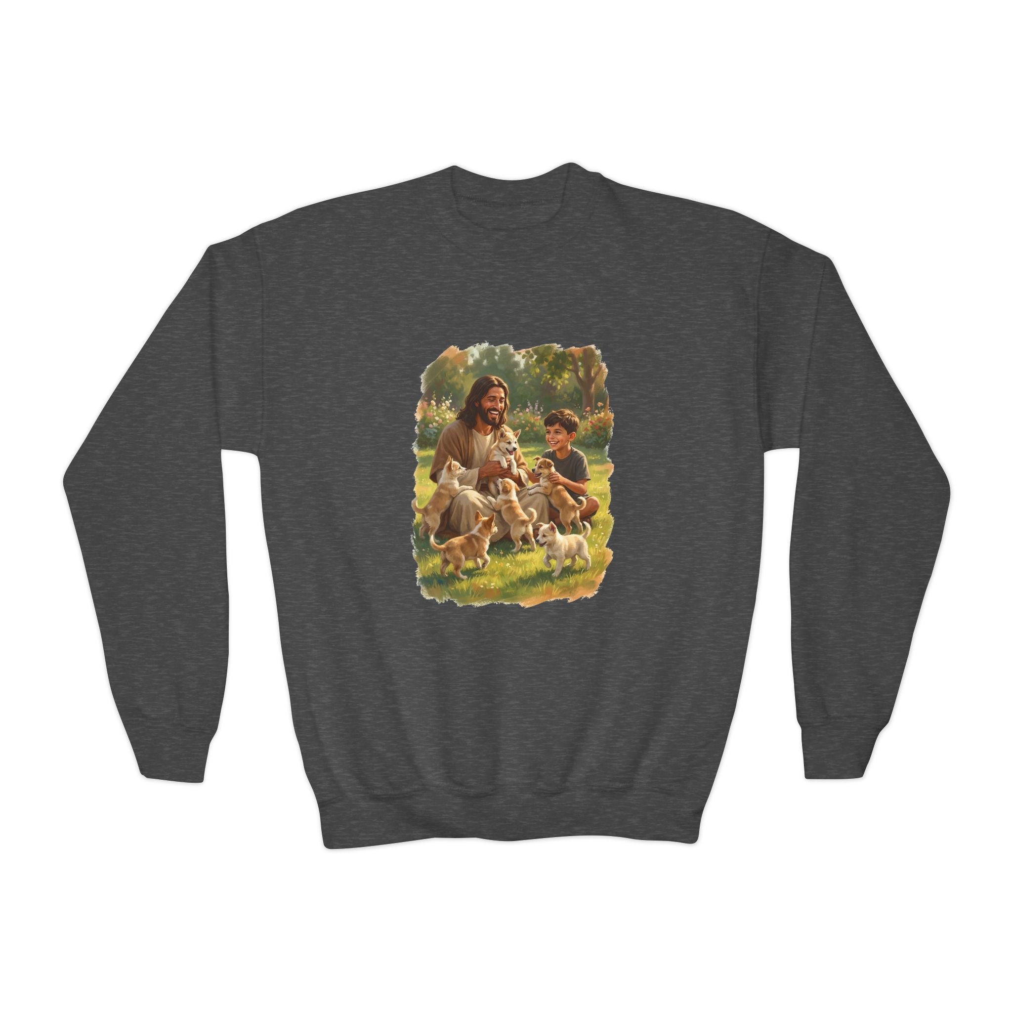 Kids Funny Jesus Sweatshirt | Jesus Playing with Puppies Christian Kids Crewneck Sweatshirt | Joyful Jesus