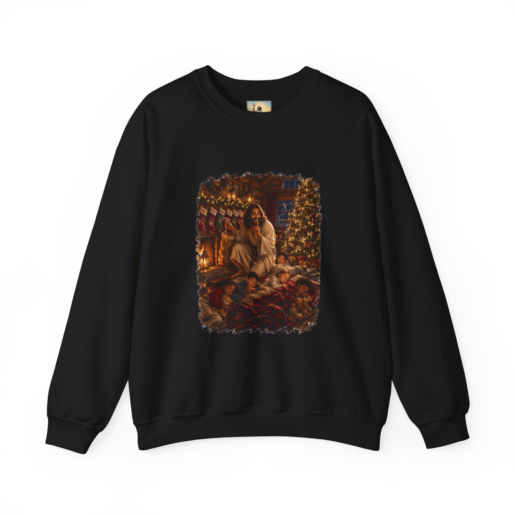 Christmas Eve Jesus Sweatshirt | Jesus by the Fire with Sleeping Children Christian Crewneck | Joyful Jesus