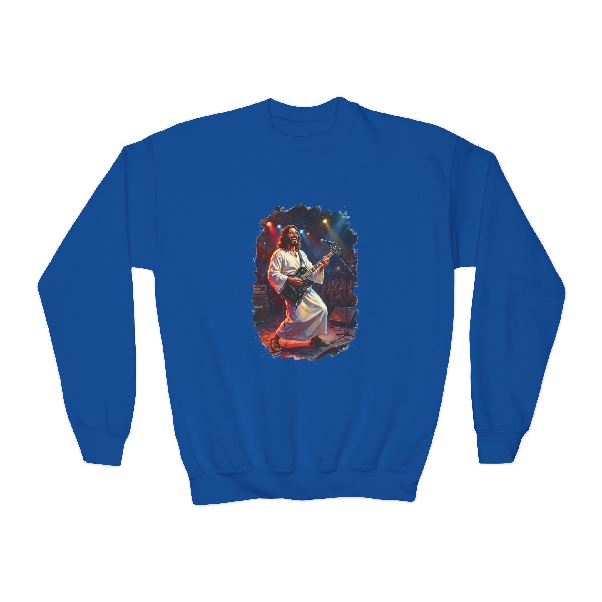 Kids Christian Sweatshirt | Jesus Playing Guitar at Concert Kids Crewneck Sweatshirt | Joyful Jesus Faith Sweatshirt