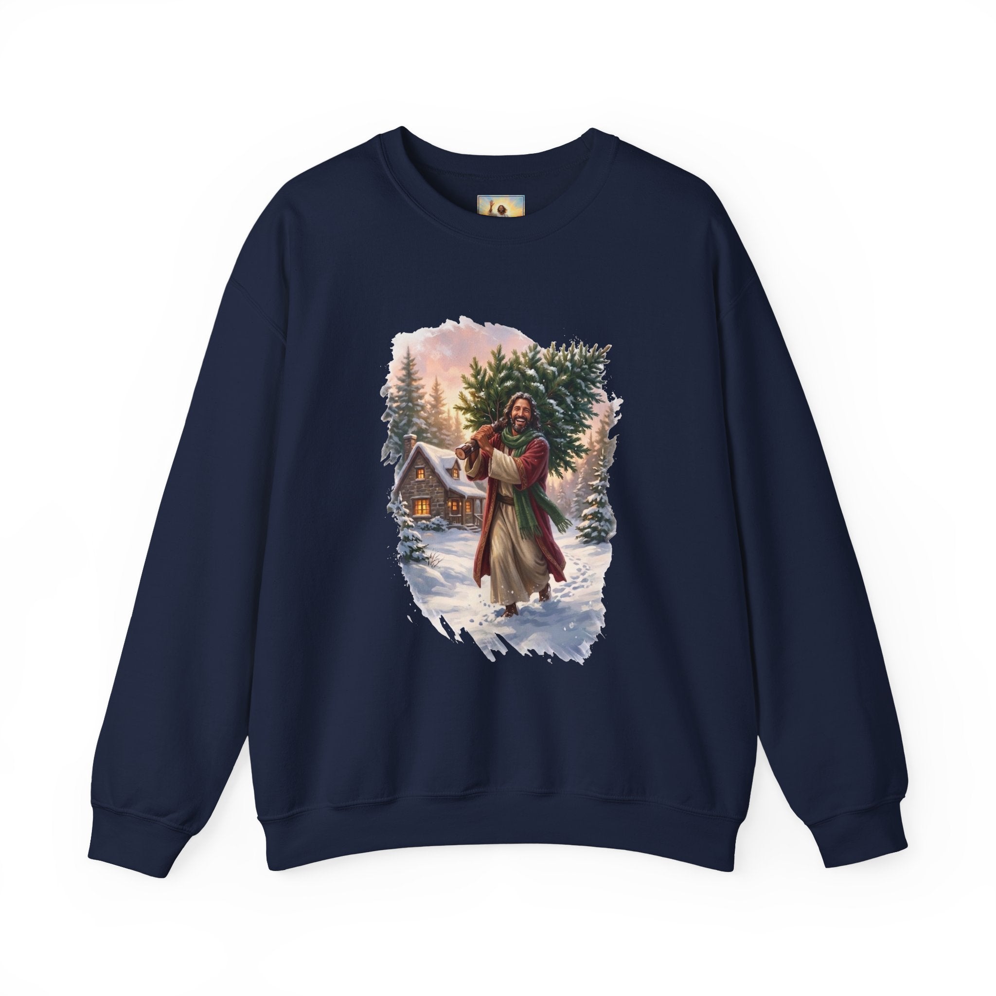 Jesus Christmas Tree Sweatshirt | Jesus Carrying a Christmas Tree Christian Crewneck | Joyful Jesus