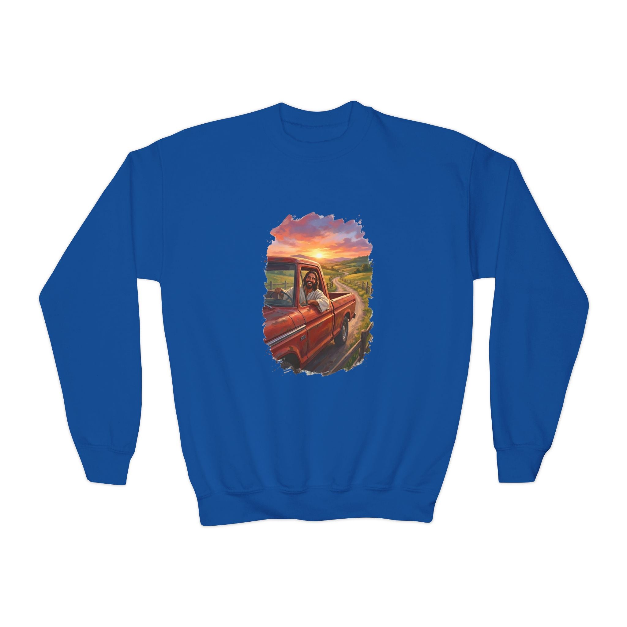 Kids Faith Sweatshirt | Jesus Driving a Truck Christian Apparel Kids Crewneck Sweatshirt | Joyful Jesus