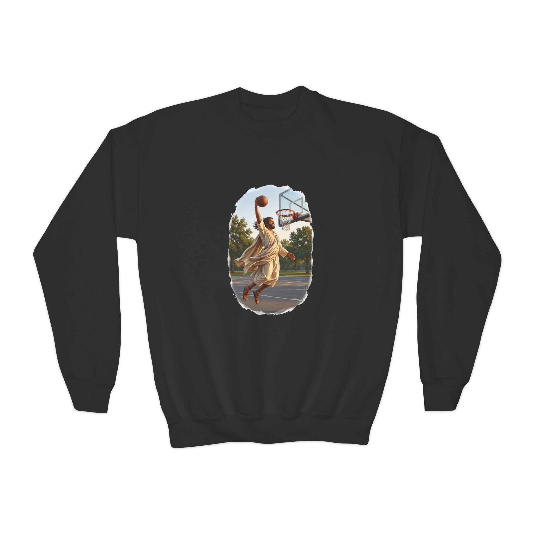 Kids Jesus Dunking Sweatshirt | Jesus Slam Dunk Funny Christian Basketball Kids Crewneck Sweatshirt | Joyful Jesus