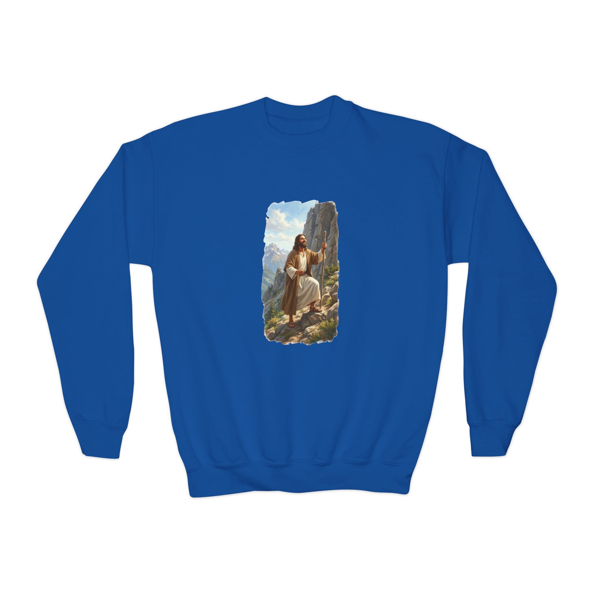 Kids God Sweatshirt | Jesus Hiking Mountain Christian Kids Crewneck Sweatshirt | Faith Apparel
