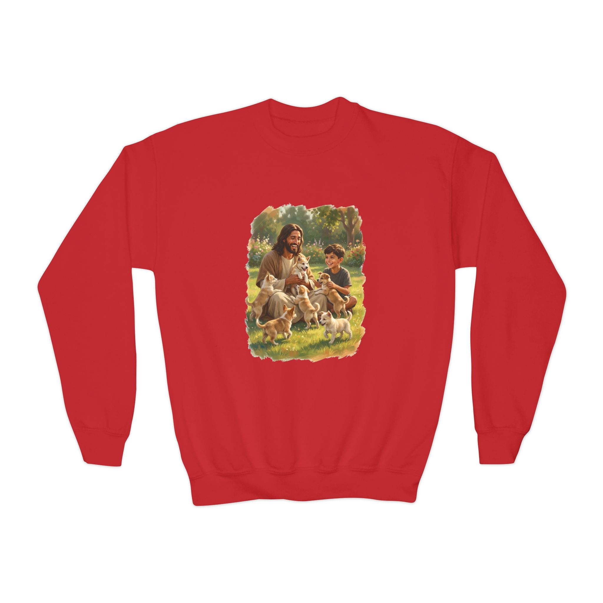Kids Funny Jesus Sweatshirt | Jesus Playing with Puppies Christian Kids Crewneck Sweatshirt | Joyful Jesus