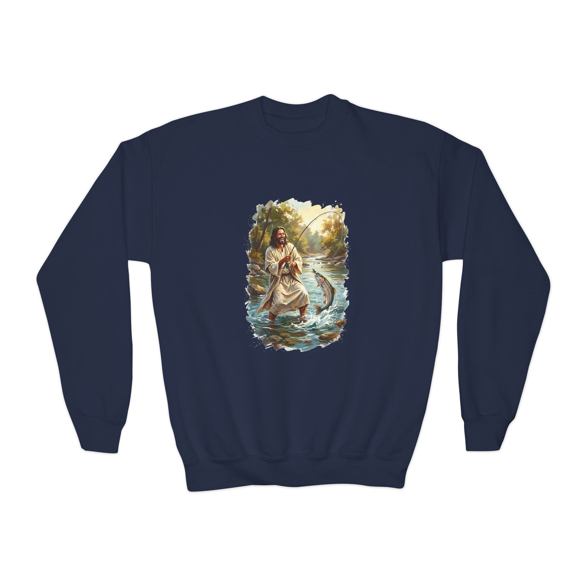 Kids Jesus Sweatshirt | Fly Fishing Jesus Christian Kids Crewneck Sweatshirt | Joyful Jesus God Sweatshirt