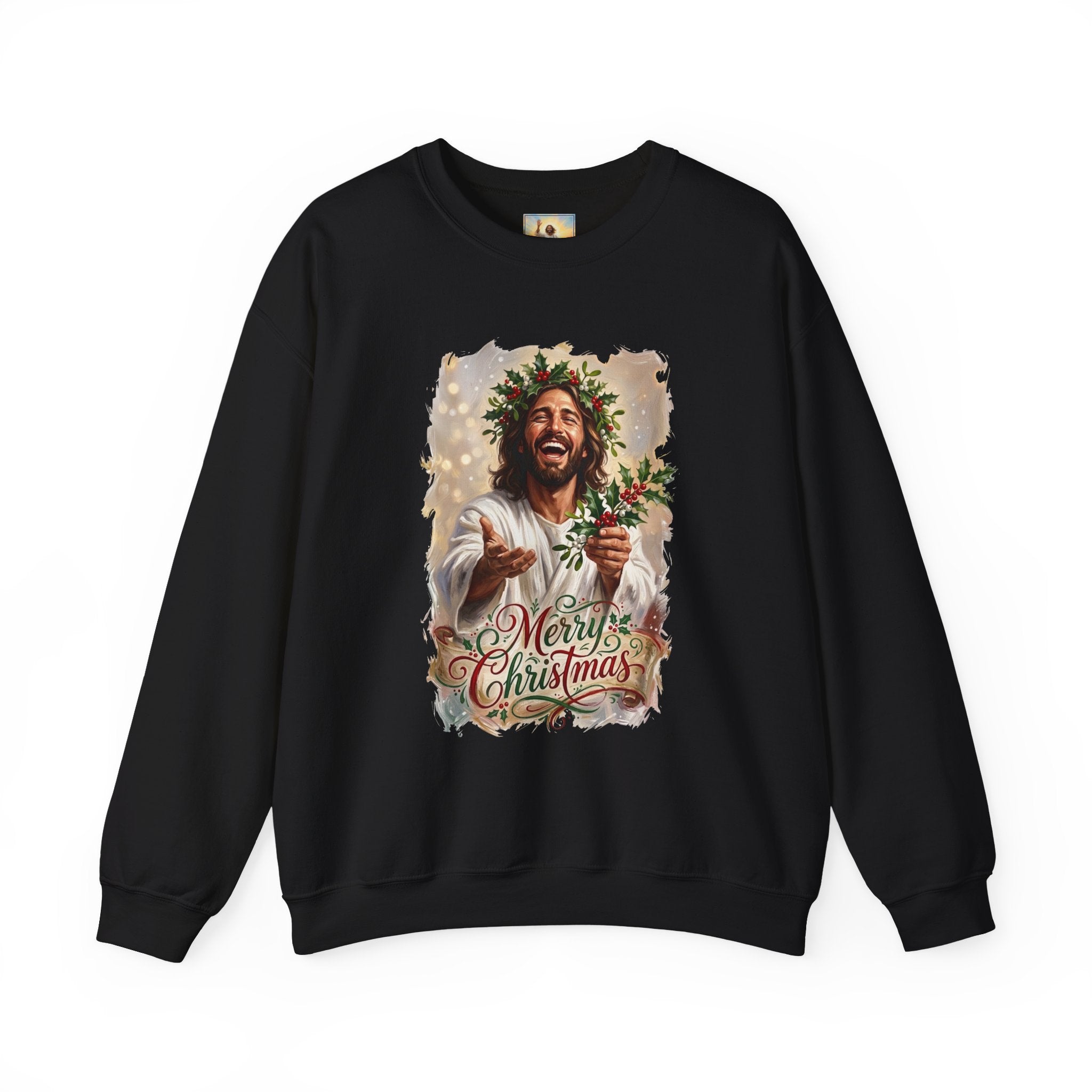 Merry Christmas Jesus Sweatshirt | Laughing Jesus with Holly Christian Crewneck | Joyful Jesus