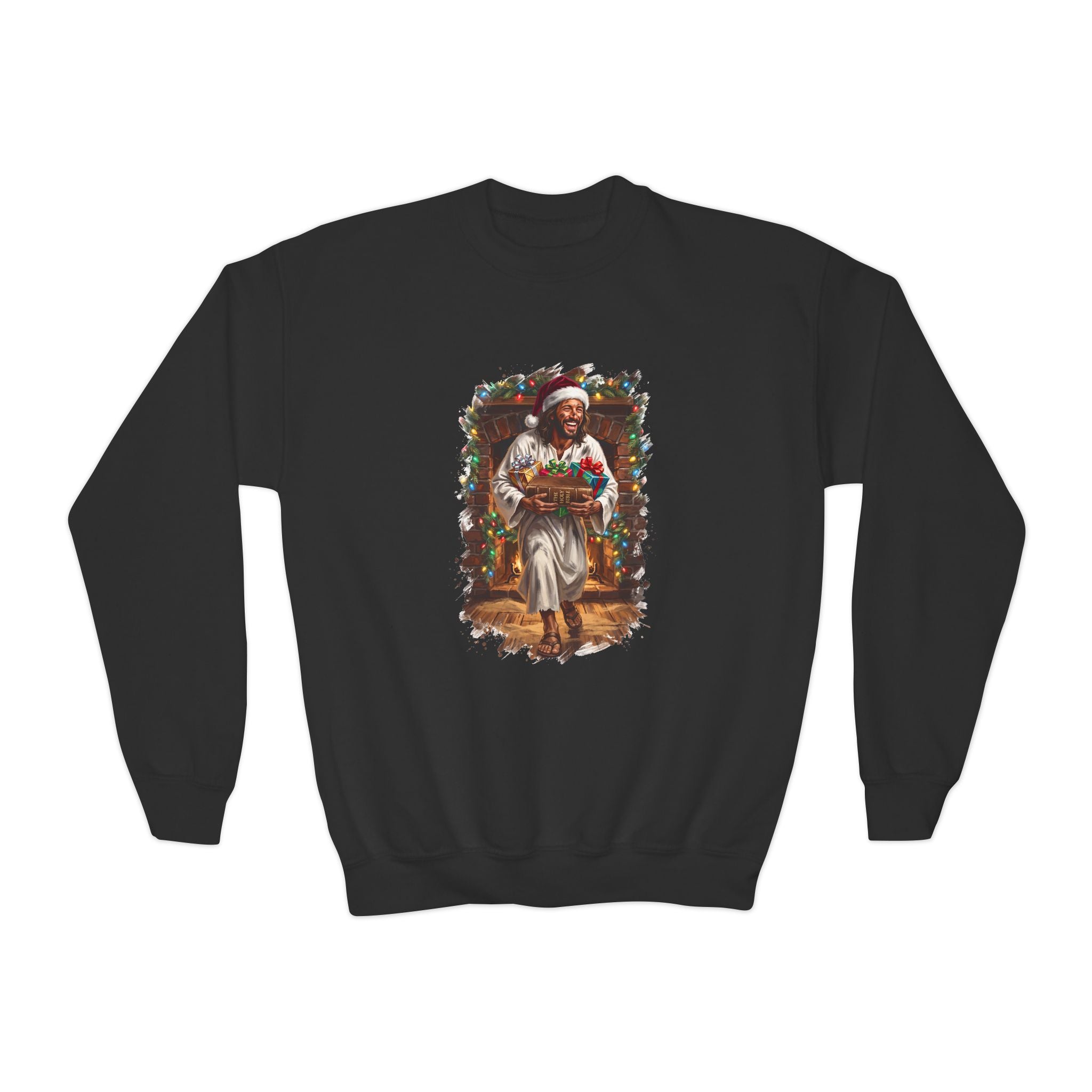 Kids Jesus Santa Hat Sweatshirt | Jesus Down the Chimney with Gifts Funny Christmas Kids Crewneck Sweatshirt | Joyful Jesus