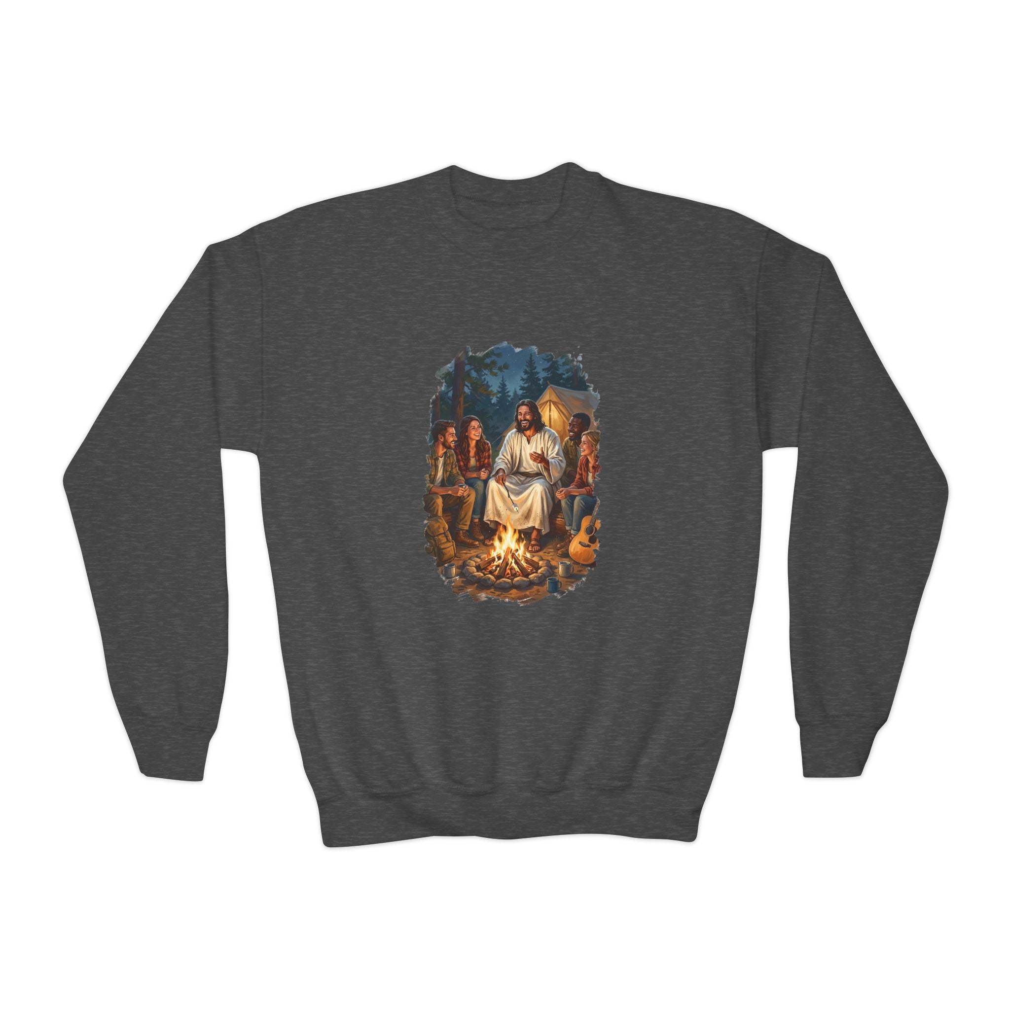 Kids Jesus Sweatshirt | Camping with Jesus Christian Kids Crewneck Sweatshirt | Faith Apparel