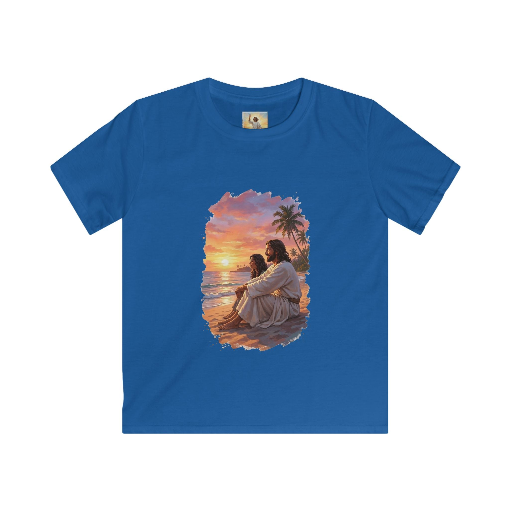 Kids Religious Shirt | Jesus on the Beach at Sunset Christian Kids T Shirt | Joyful Jesus
