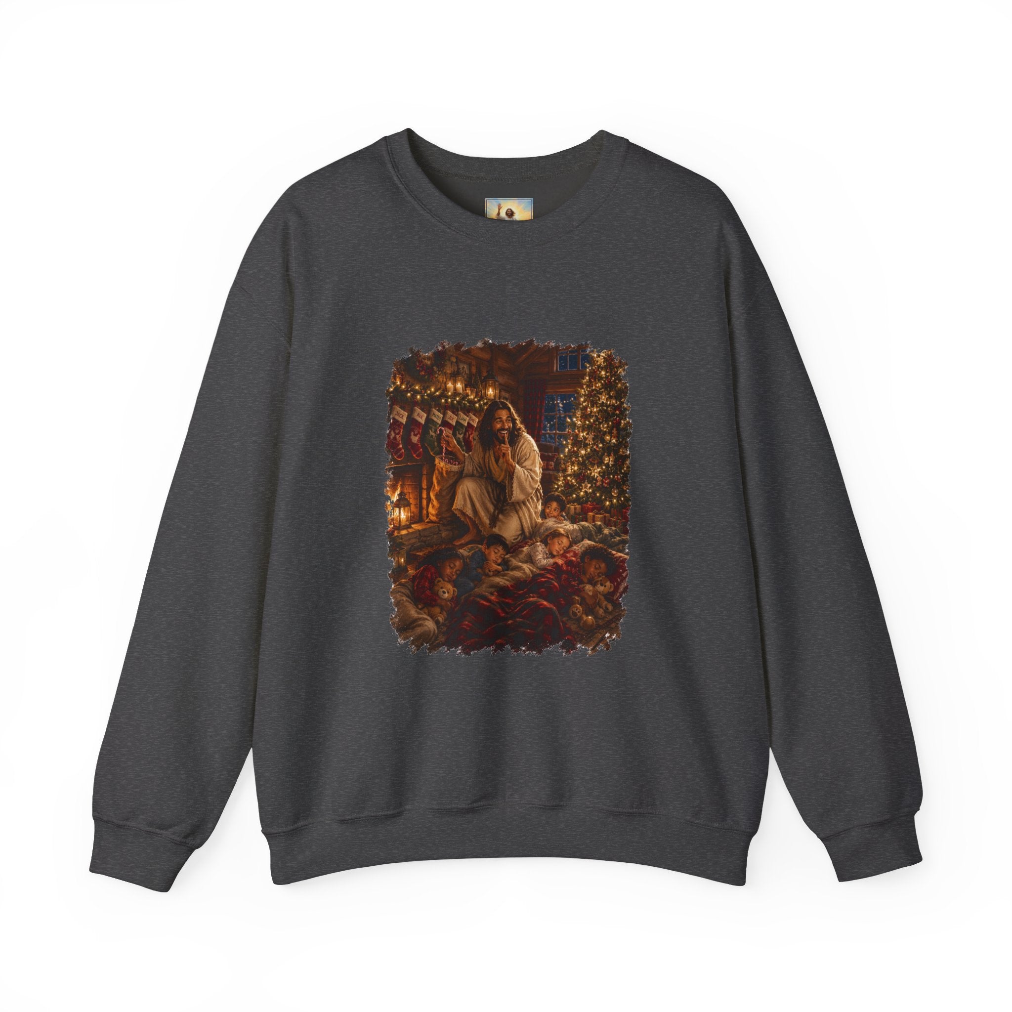 Christmas Eve Jesus Sweatshirt | Jesus by the Fire with Sleeping Children Christian Crewneck | Joyful Jesus