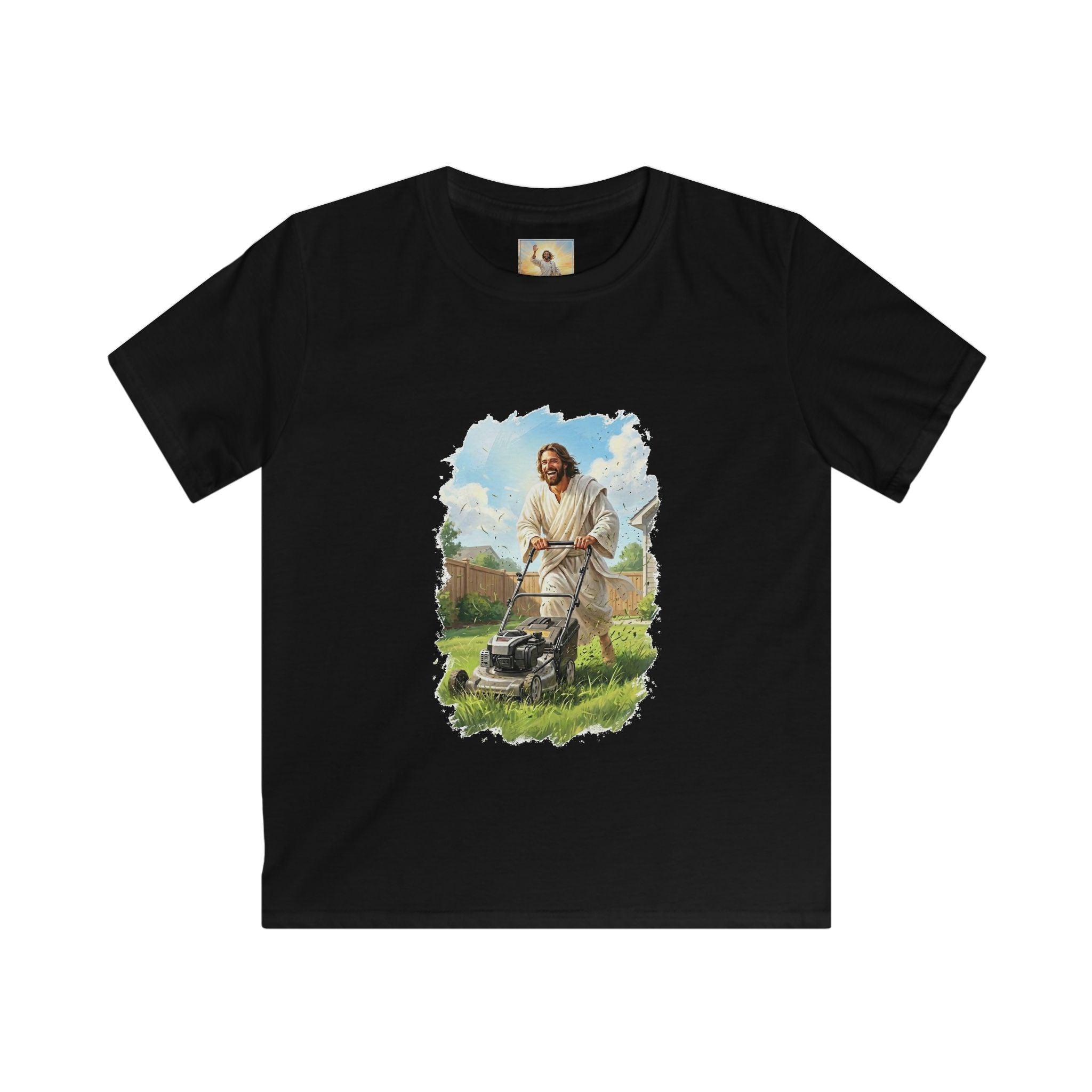 Kids Jesus Shirt | Jesus Mowing the Lawn Funny Kids T Shirt | Joyful Jesus