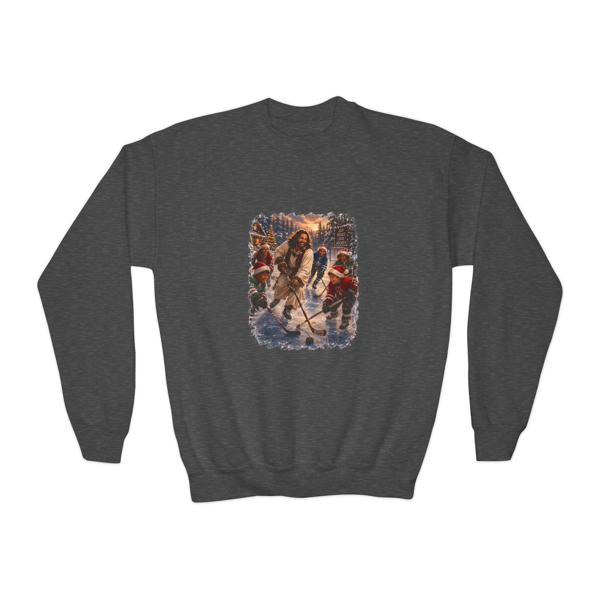Kids Jesus Hockey Sweatshirt | Jesus Playing Hockey with Kids Christian Christmas Kids Crewneck Sweatshirt | Joyful Jesus