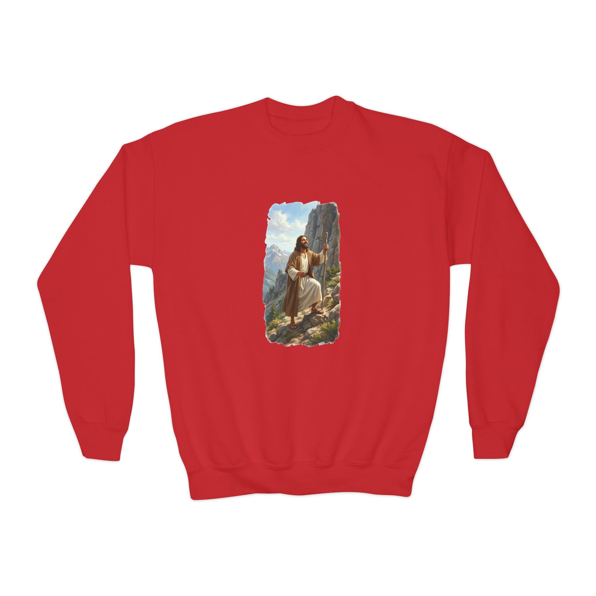 Kids God Sweatshirt | Jesus Hiking Mountain Christian Kids Crewneck Sweatshirt | Faith Apparel