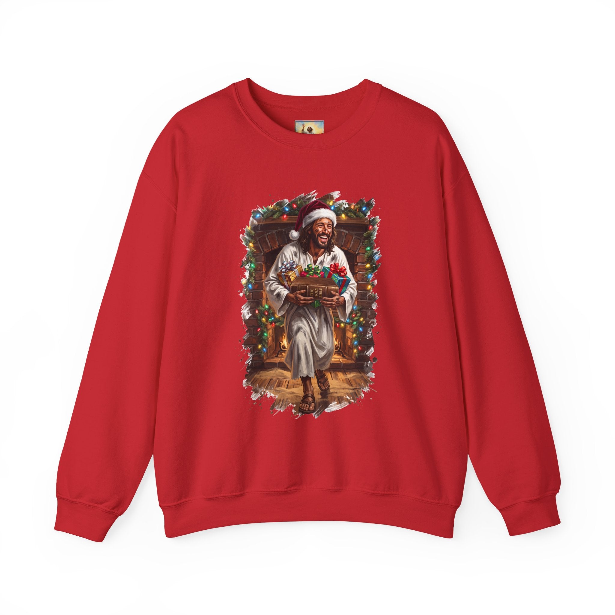 Jesus Santa Hat Sweatshirt | Jesus Down the Chimney with Gifts Funny Christmas Crewneck | Joyful Jesus