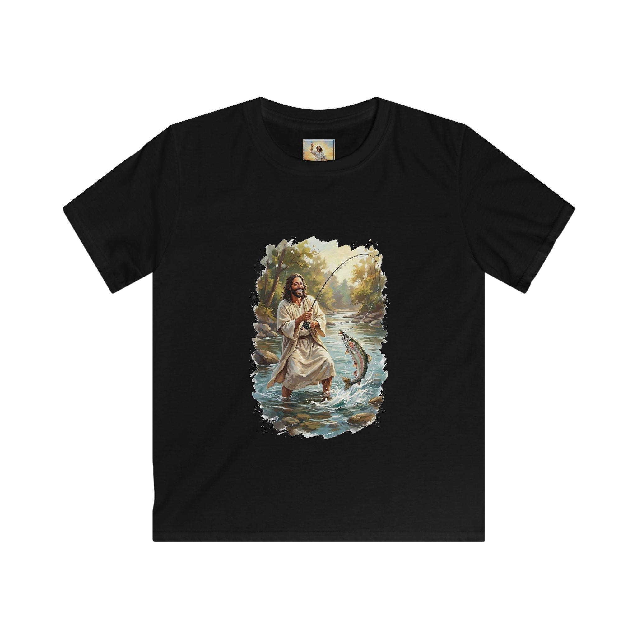 Kids Jesus Shirt | Fly Fishing Jesus Christian Kids T Shirt | Joyful Jesus God Shirt