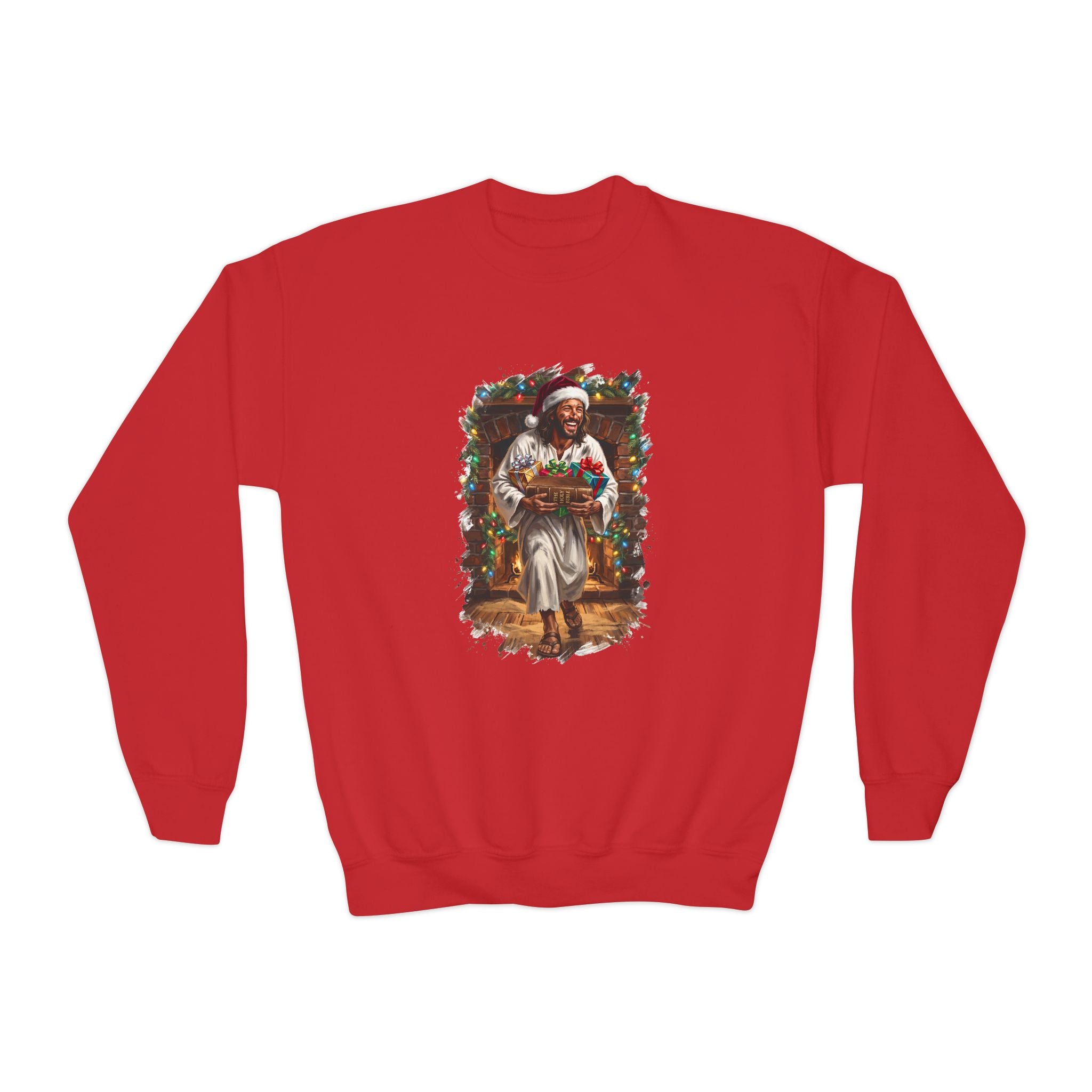 Kids Jesus Santa Hat Sweatshirt | Jesus Down the Chimney with Gifts Funny Christmas Kids Crewneck Sweatshirt | Joyful Jesus
