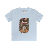 Kids Jesus Santa Hat Shirt | Jesus Down the Chimney with Gifts Funny Christmas Kids T Shirt | Joyful Jesus