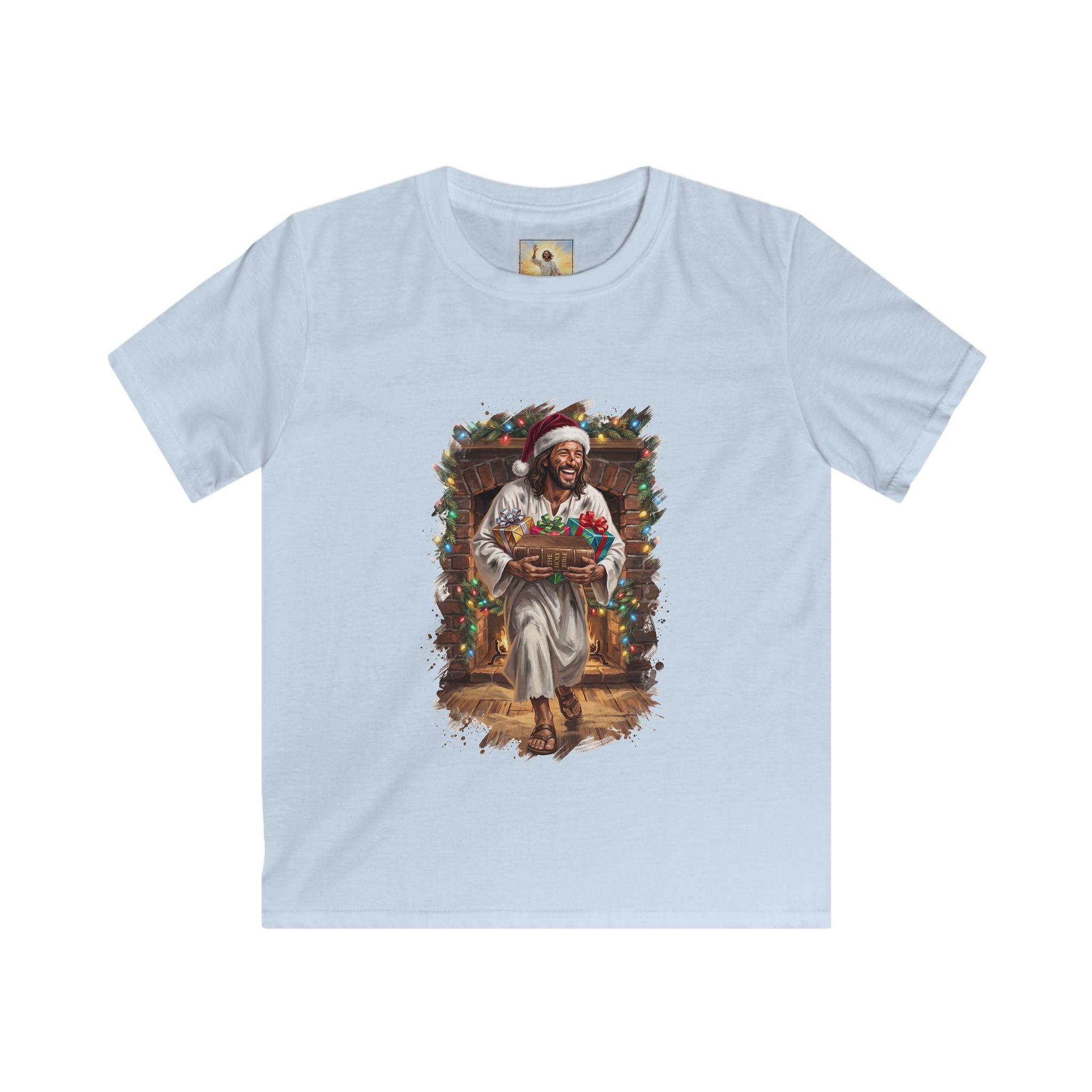 Kids Jesus Santa Hat Shirt | Jesus Down the Chimney with Gifts Funny Christmas Kids T Shirt | Joyful Jesus