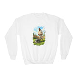 Kids Jesus Sweatshirt | Jesus Mowing the Lawn Funny Kids Crewneck Sweatshirt | Joyful Jesus