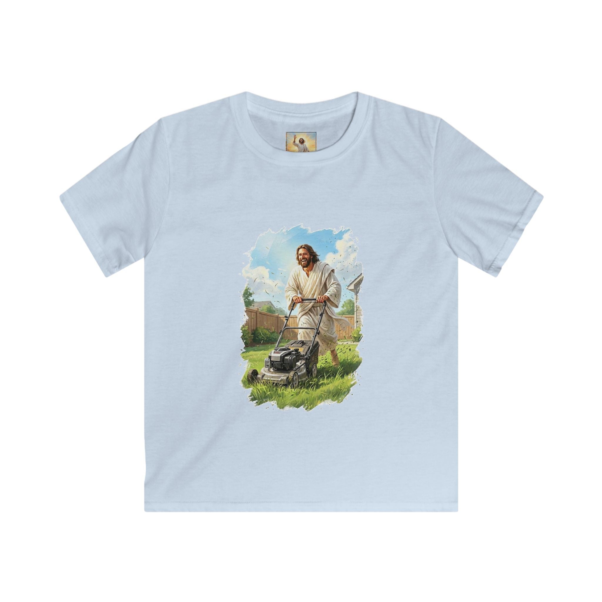 Kids Jesus Shirt | Jesus Mowing the Lawn Funny Kids T Shirt | Joyful Jesus