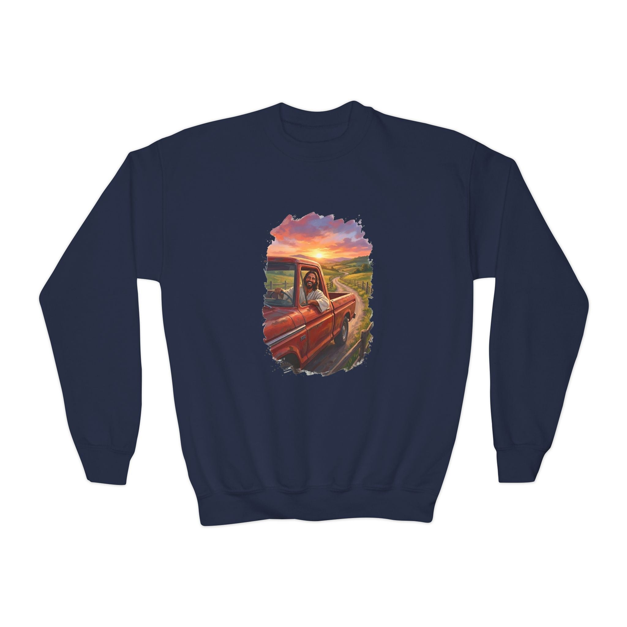 Kids Faith Sweatshirt | Jesus Driving a Truck Christian Apparel Kids Crewneck Sweatshirt | Joyful Jesus