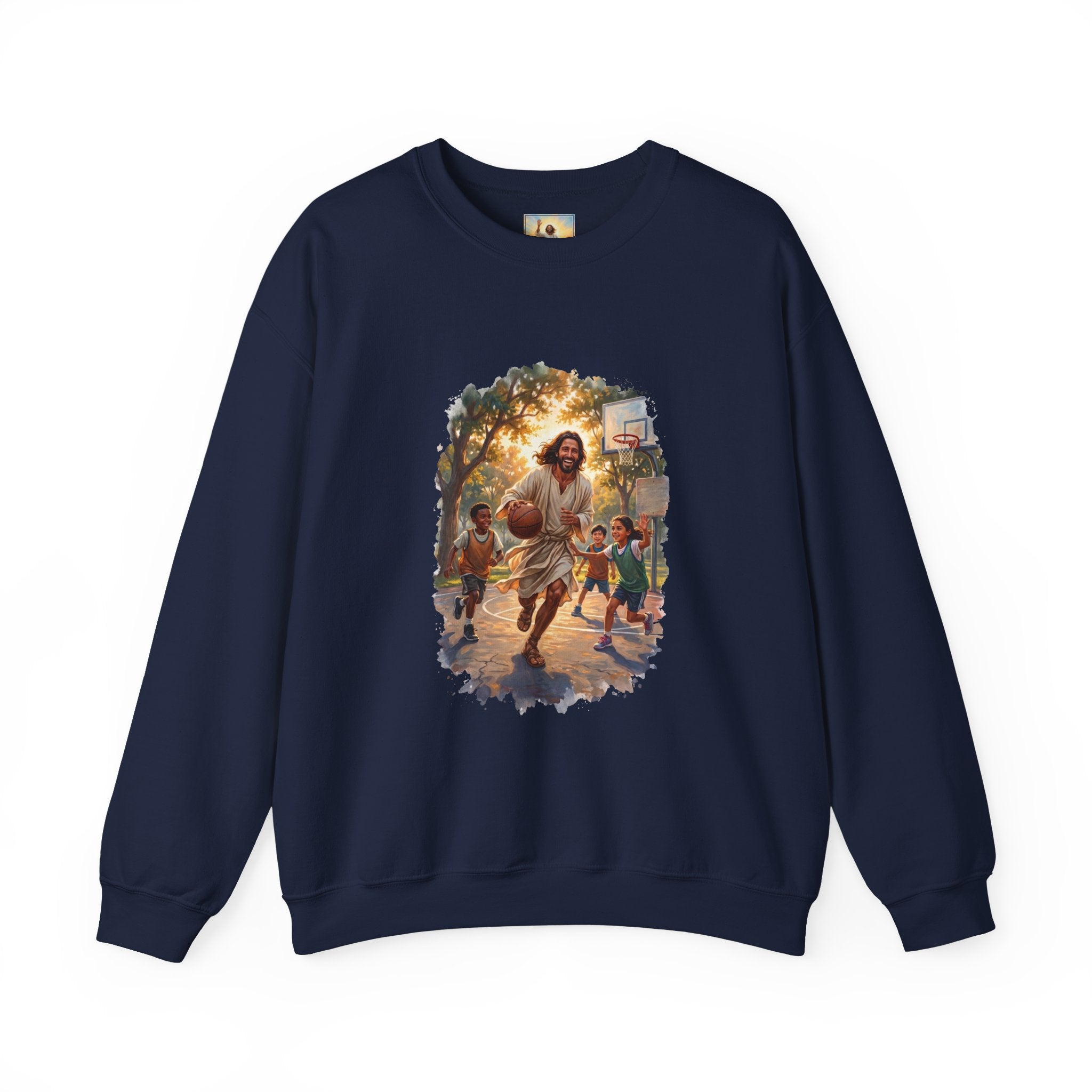 Jesus Basketball Sweatshirt | Jesus Playing Basketball with Kids Christian Crewneck Sweatshirt | Joyful Jesus