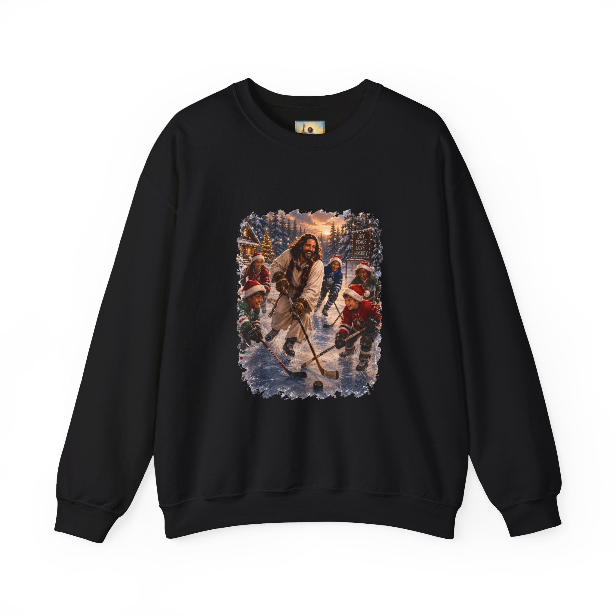 Jesus Hockey Sweatshirt | Jesus Playing Hockey with Kids Christian Christmas Crewneck | Joyful Jesus