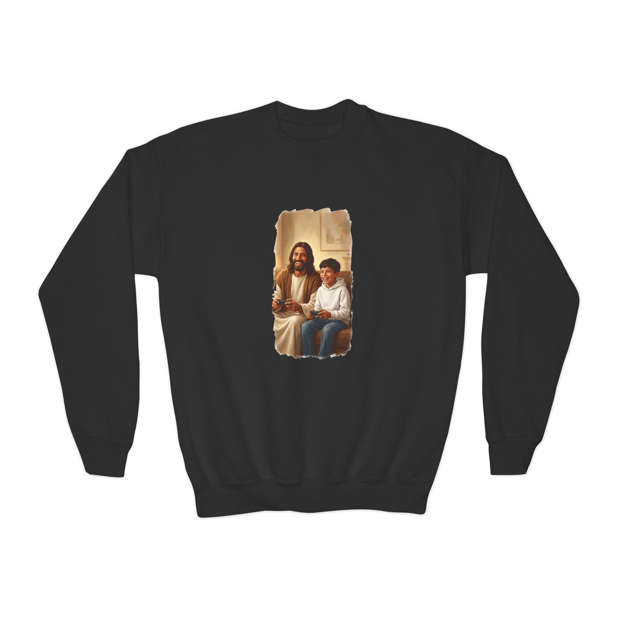 Kids Christian Sweatshirt | Jesus Playing Video Games Funny Jesus Kids Crewneck Sweatshirt | Joyful Jesus