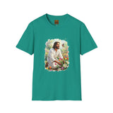 Jesus in the Garden Shirt, Easter Lily Butterfly Art, Christian Spring Tee