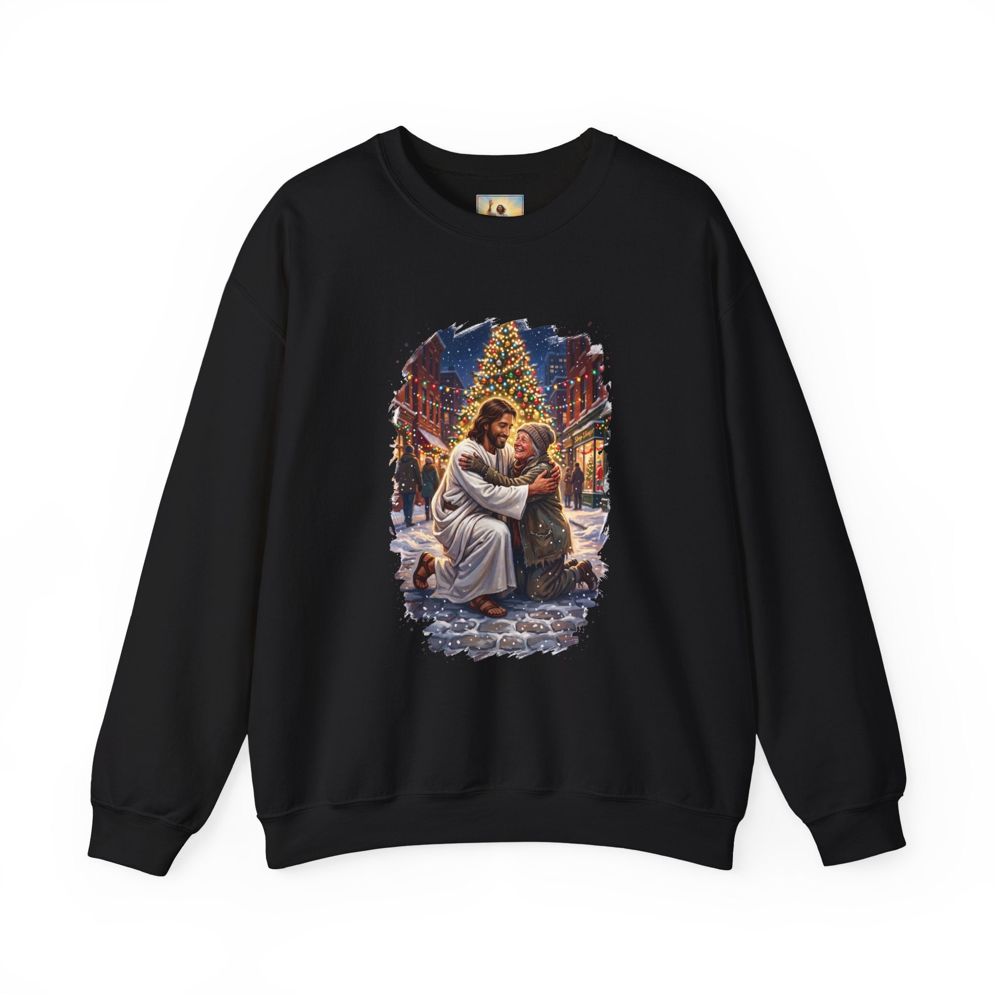 Jesus Hug Sweatshirt | Jesus Embracing a Stranger on Christmas Night Christian Crewneck | Joyful Jesus
