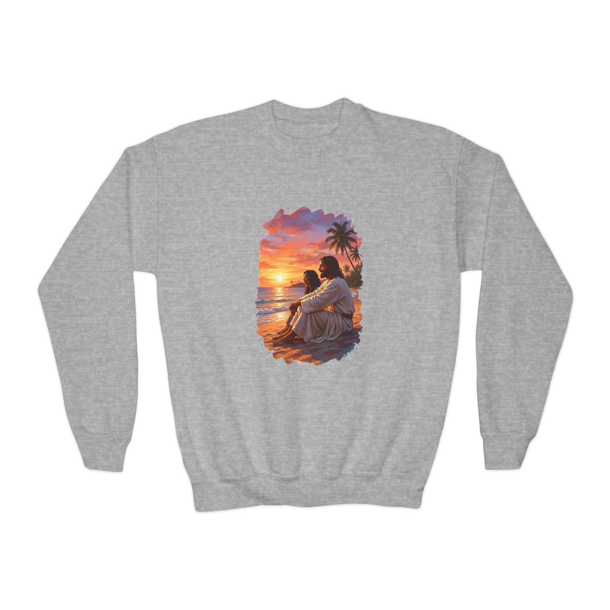 Kids Religious Sweatshirt | Jesus on the Beach at Sunset Christian Kids Crewneck Sweatshirt | Joyful Jesus