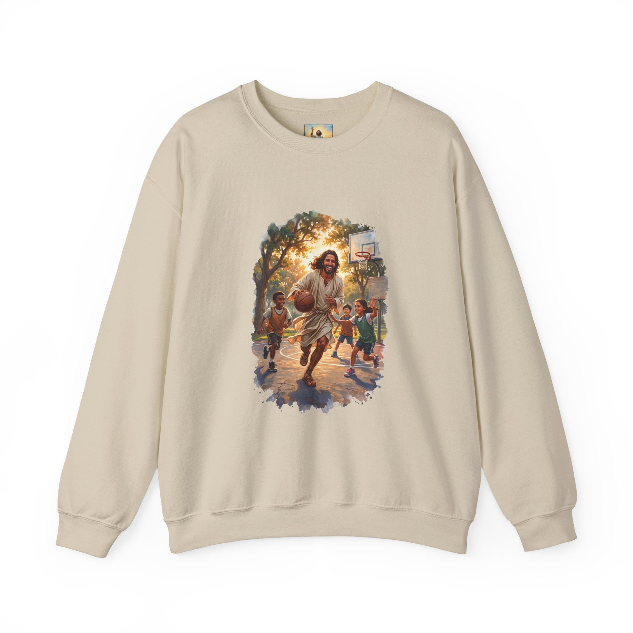 Jesus Basketball Sweatshirt | Jesus Playing Basketball with Kids Christian Crewneck Sweatshirt | Joyful Jesus