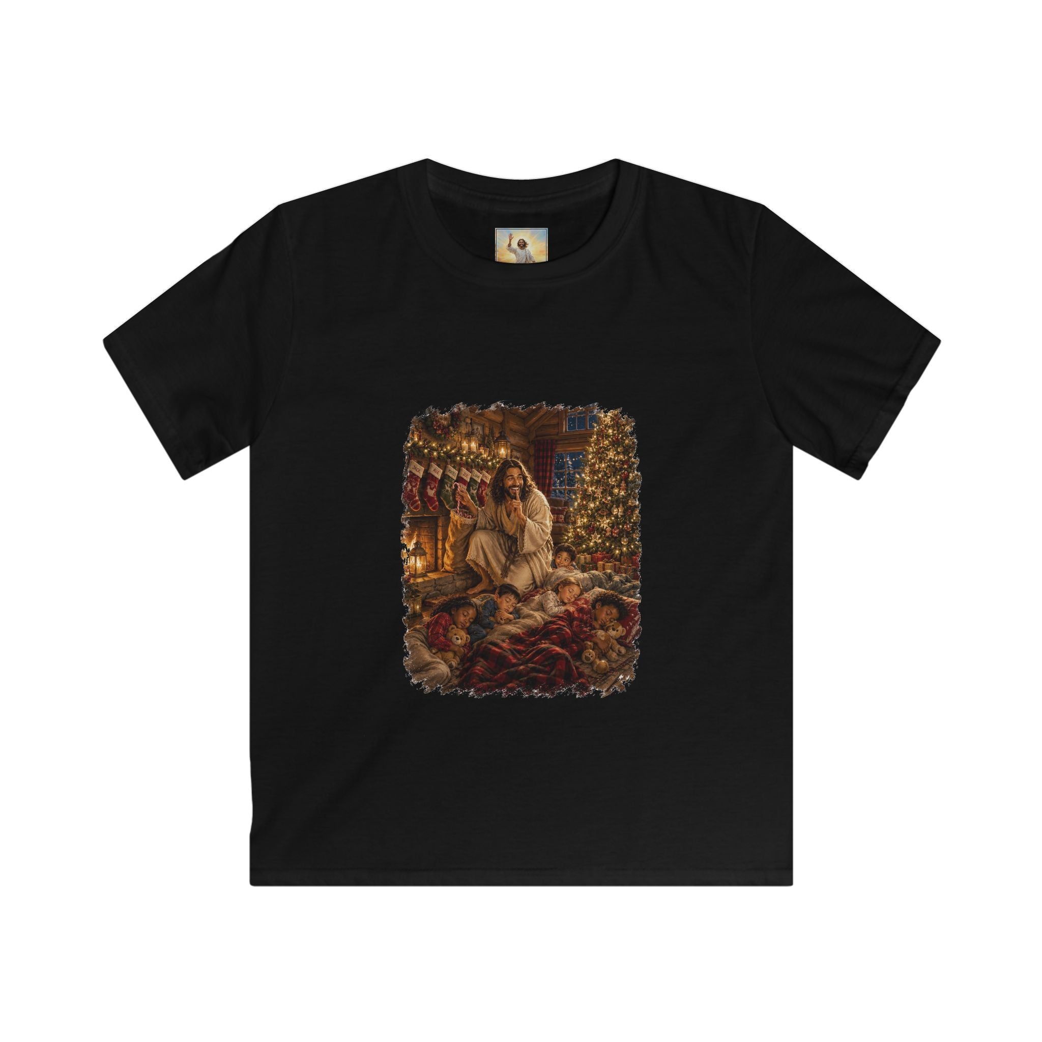 Kids Christmas Eve Jesus Shirt | Jesus by the Fire with Sleeping Children Christian Kids T Shirt | Joyful Jesus