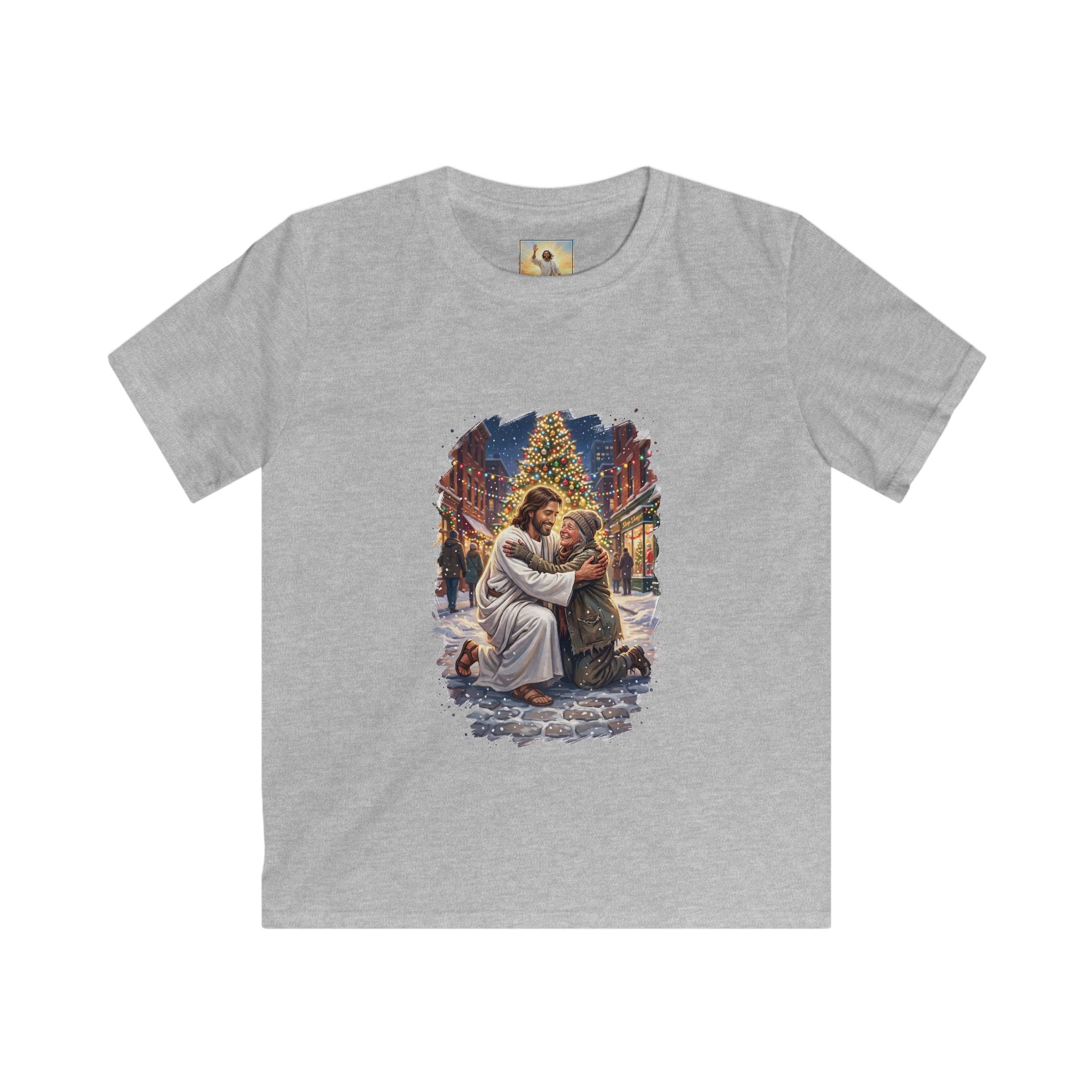 Kids Jesus Hug Shirt | Jesus Embracing a Stranger on Christmas Night Christian Kids T Shirt | Joyful Jesus