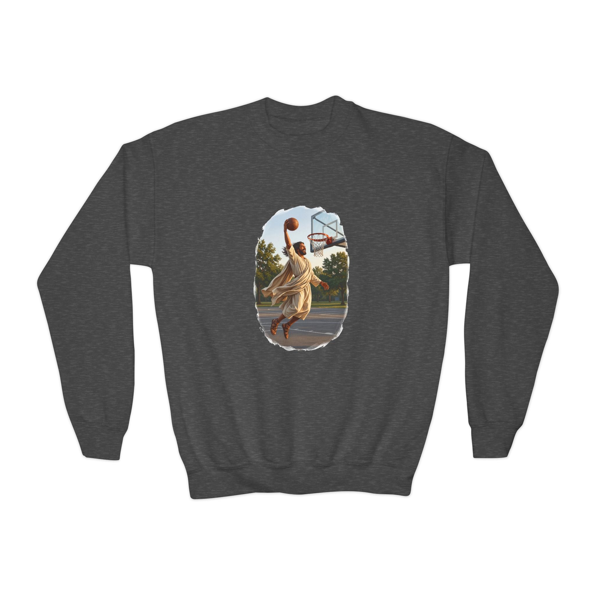 Kids Jesus Dunking Sweatshirt | Jesus Slam Dunk Funny Christian Basketball Kids Crewneck Sweatshirt | Joyful Jesus