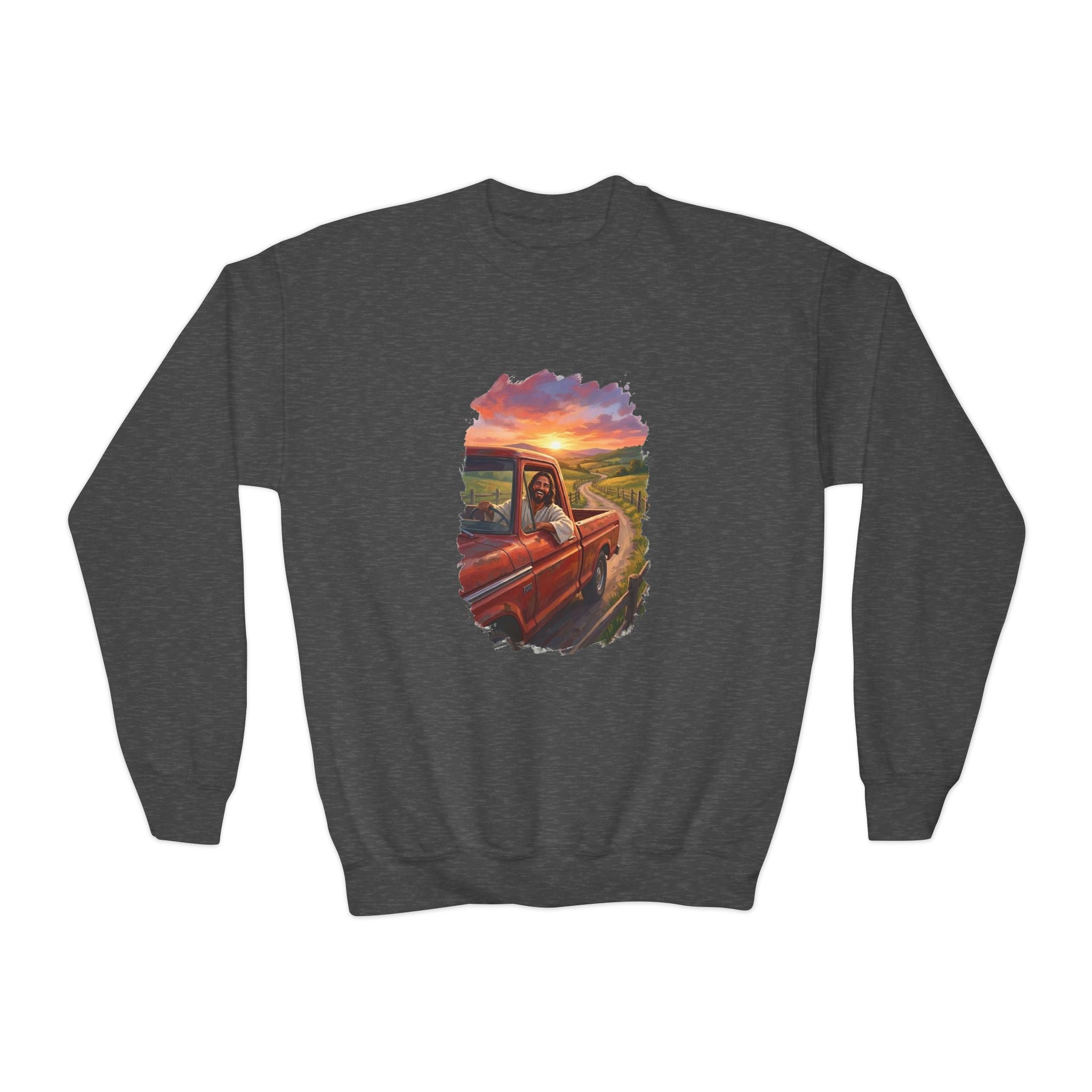 Kids Faith Sweatshirt | Jesus Driving a Truck Christian Apparel Kids Crewneck Sweatshirt | Joyful Jesus