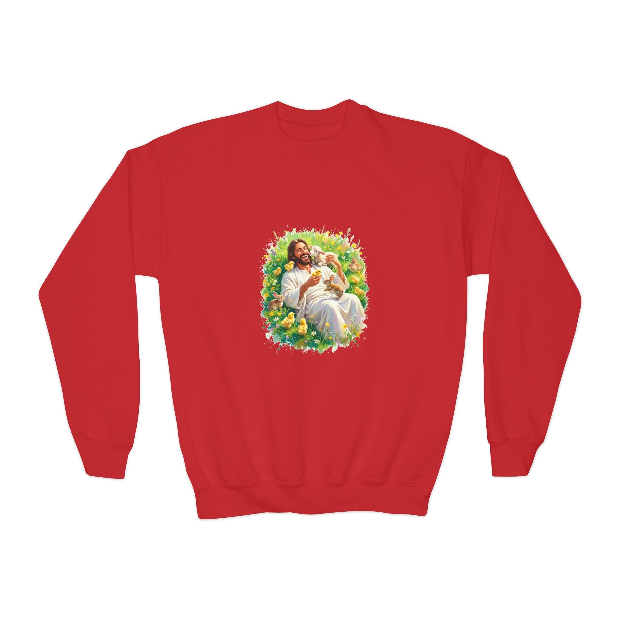 Kids Christian Sweatshirt | Jesus with Baby Animals Faith Kids Crewneck Sweatshirt | Joyful Jesus